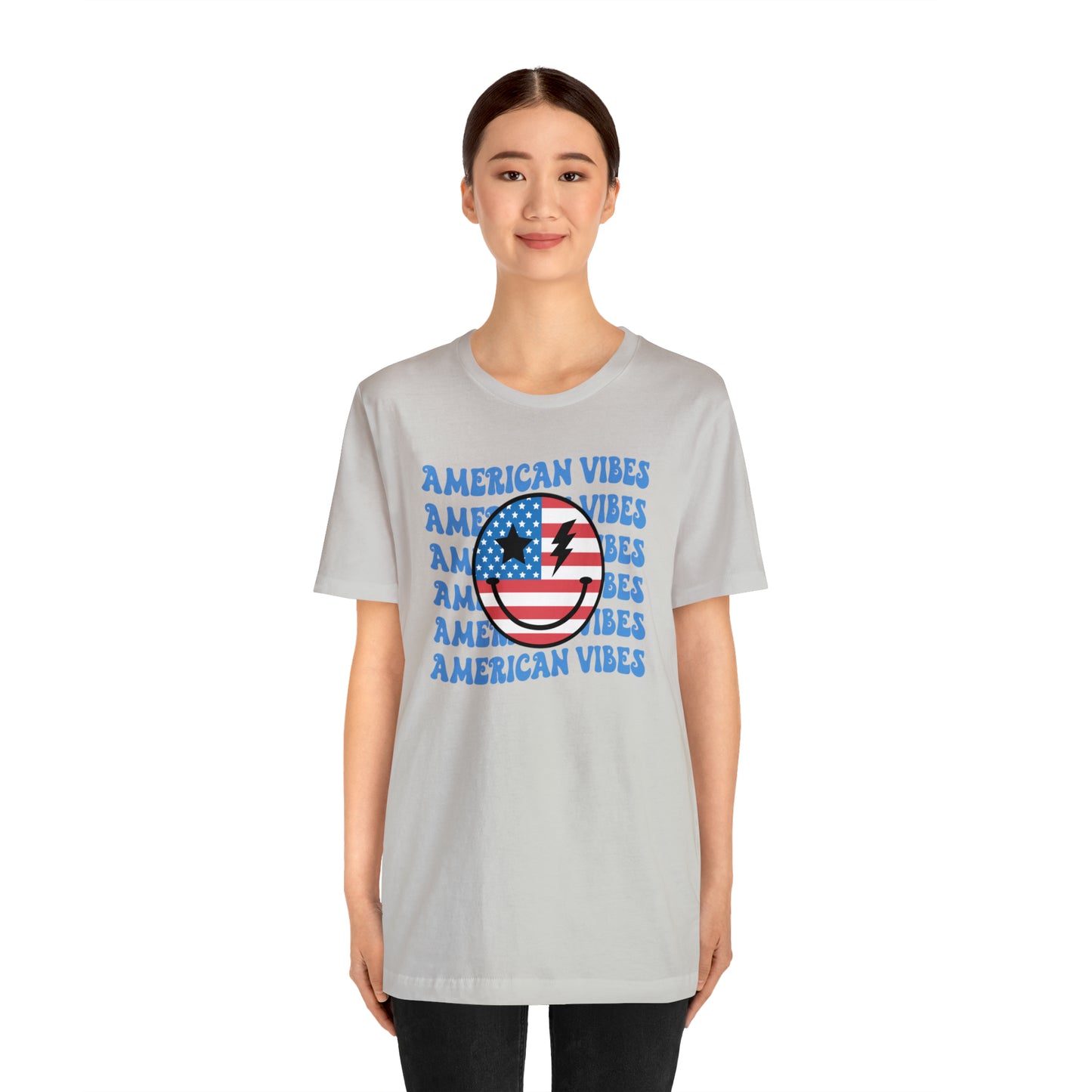 USA American Vibes American Flag Smiley Face Unisex Jersey Short Sleeve Tee