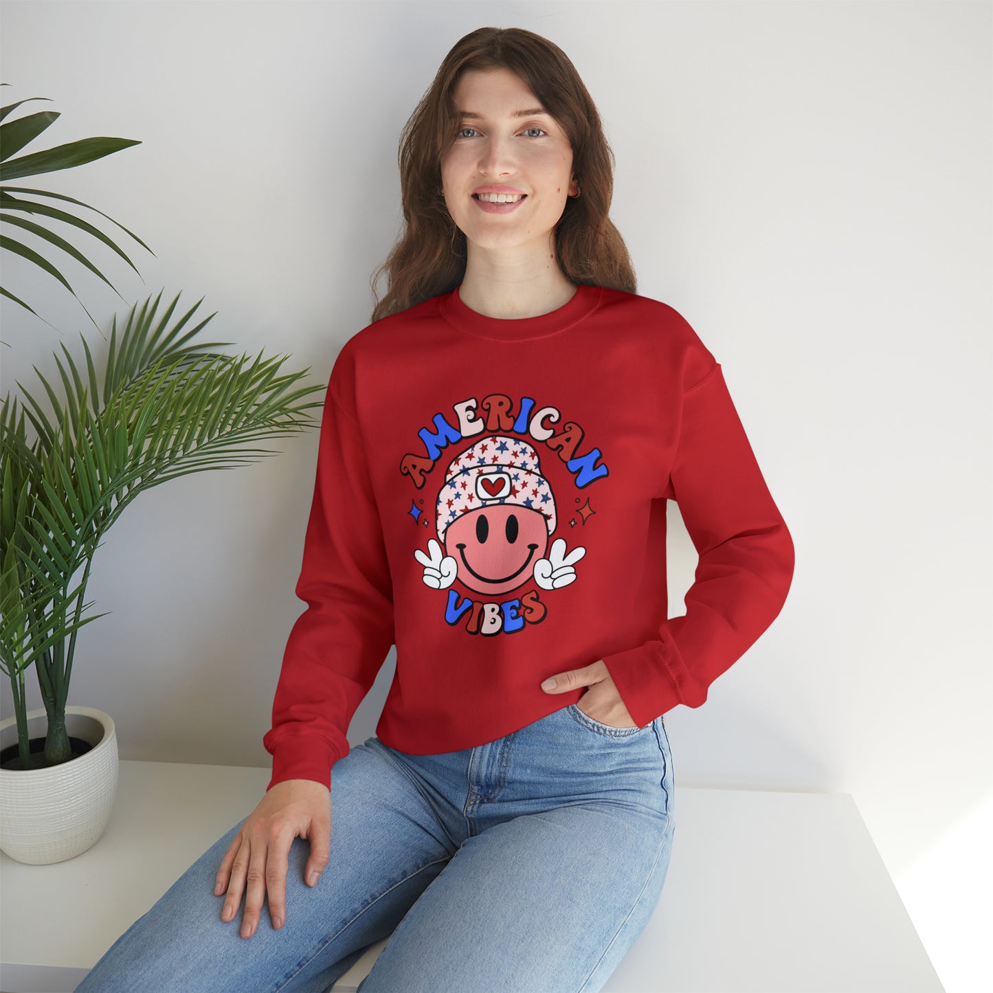 USA American Vibes Smiley Face with Heart Beanie and Peace Signs Heavy Blend™ Crewneck Sweatshirt