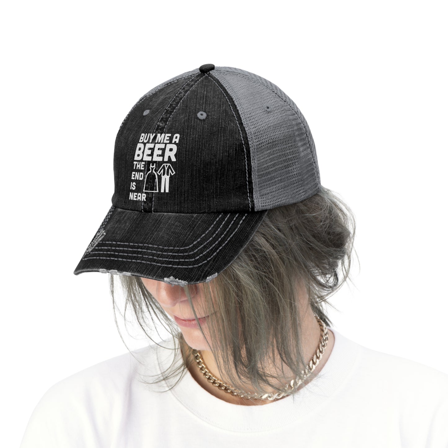 Buy Me a Beer the End is Near Wedding/Bachelor/Bachelorette Unisex Trucker Hat