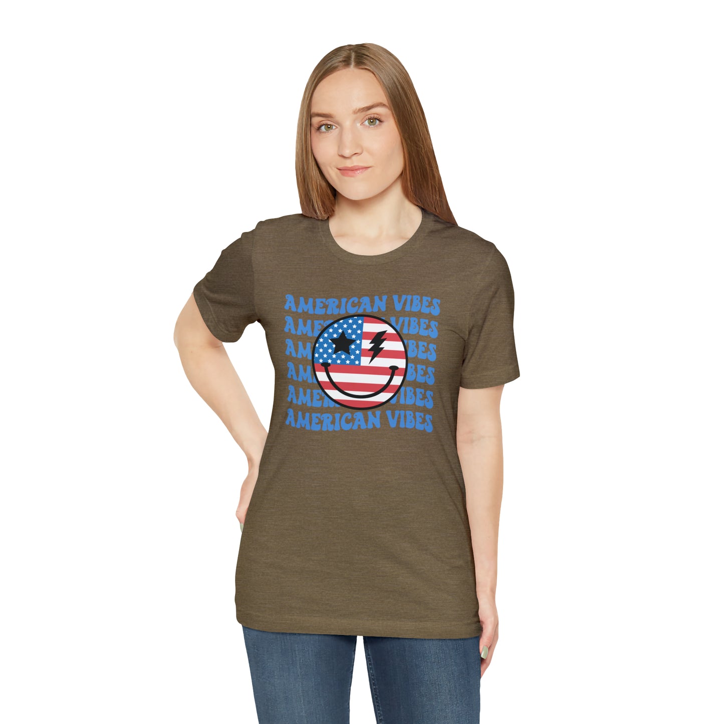 USA American Vibes American Flag Smiley Face Unisex Jersey Short Sleeve Tee