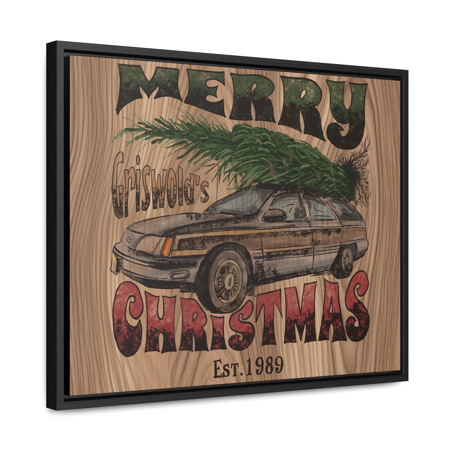 Distressed Merry Griswold Christmas Tree Station Wagon Holiday Gallery Canvas Wraps, Horizontal Frame