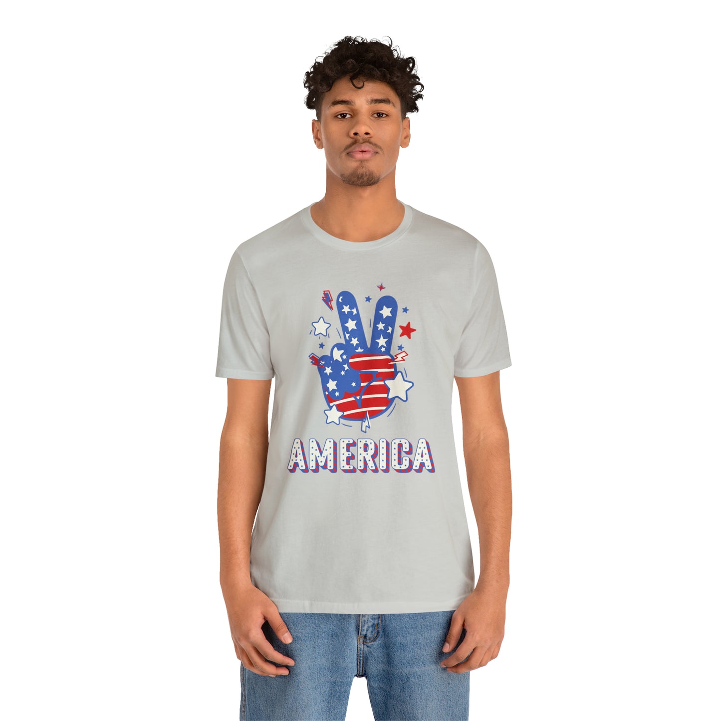 America USA Stars Peace Sign with Hands Unisex Jersey Short Sleeve Tee