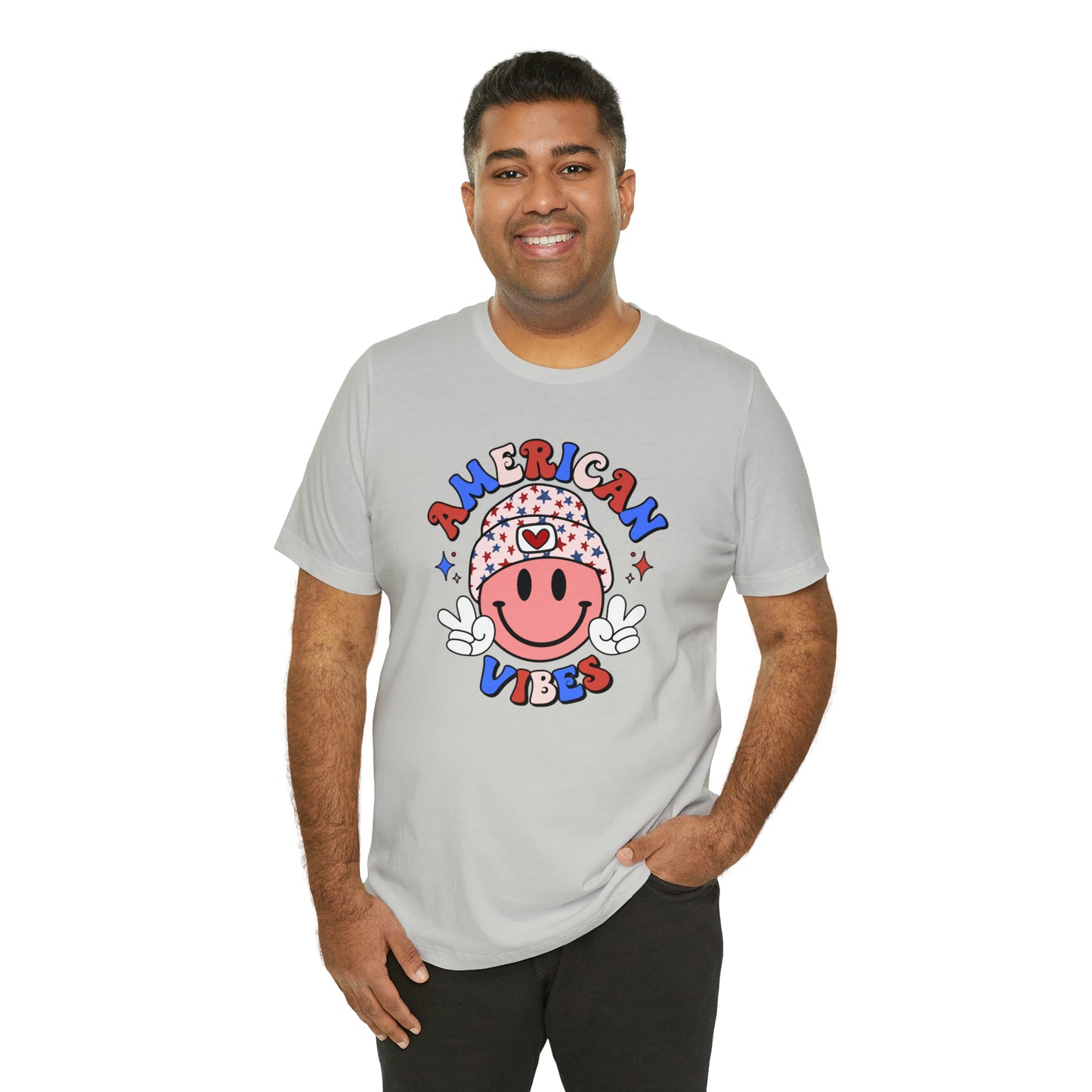 American Vibes USA Smiley Face with Stars Beanie with two hand peace signs Unisex Jersey Short Sleeve Tee