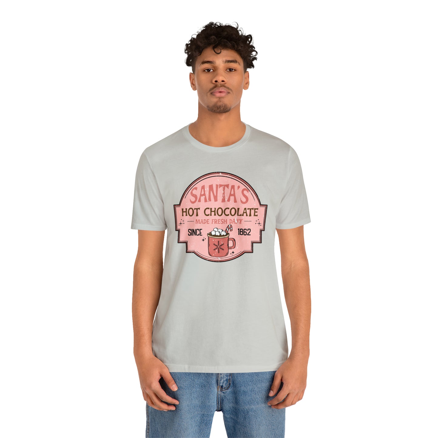 Santa's Hot Chocolate Pink Christmas/ Holiday Bella Jersey Short Sleeve Tee (Unisex)