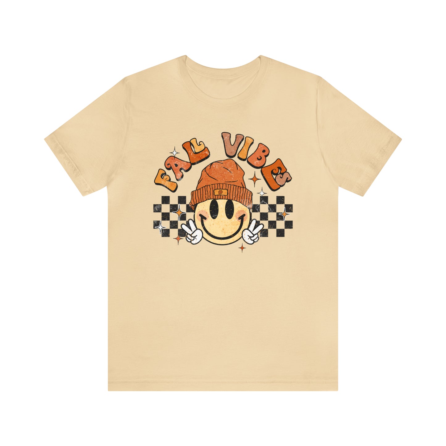 Distressed Halloween Fall Vibes Smiley Face with Beanie and Peace Sign T-Shirt