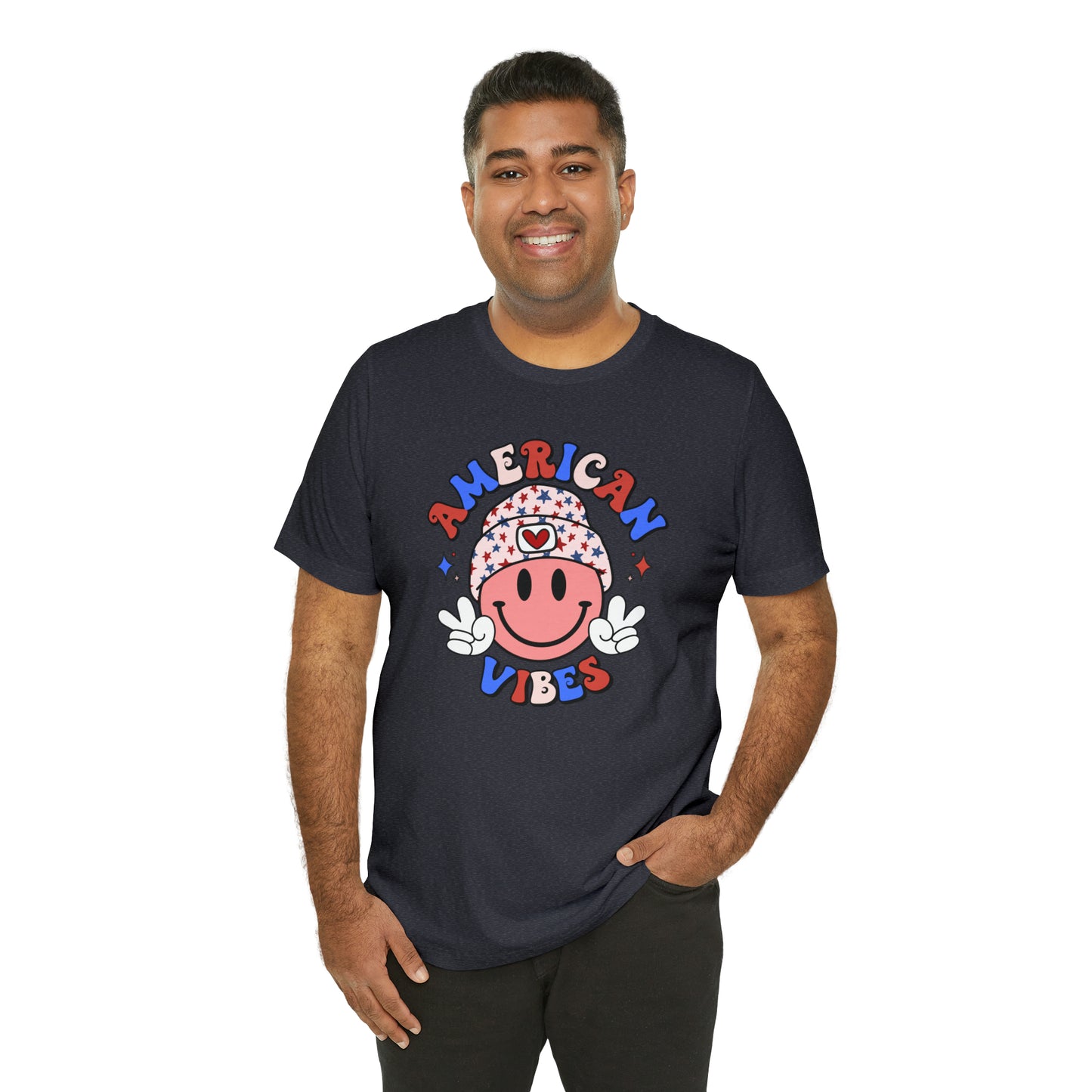 American Vibes USA Smiley Face with Stars Beanie with two hand peace signs Unisex Jersey Short Sleeve Tee