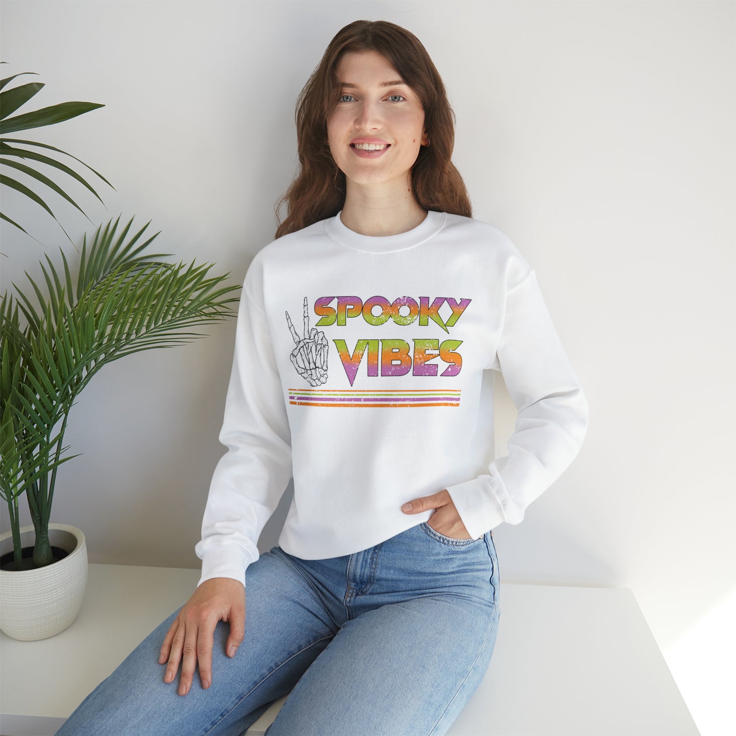 Spooky 80's Vibes Vintage Skeleton Piece Sign Fall Halloween  Unisex Heavy Blend™ Crewneck Sweatshirt