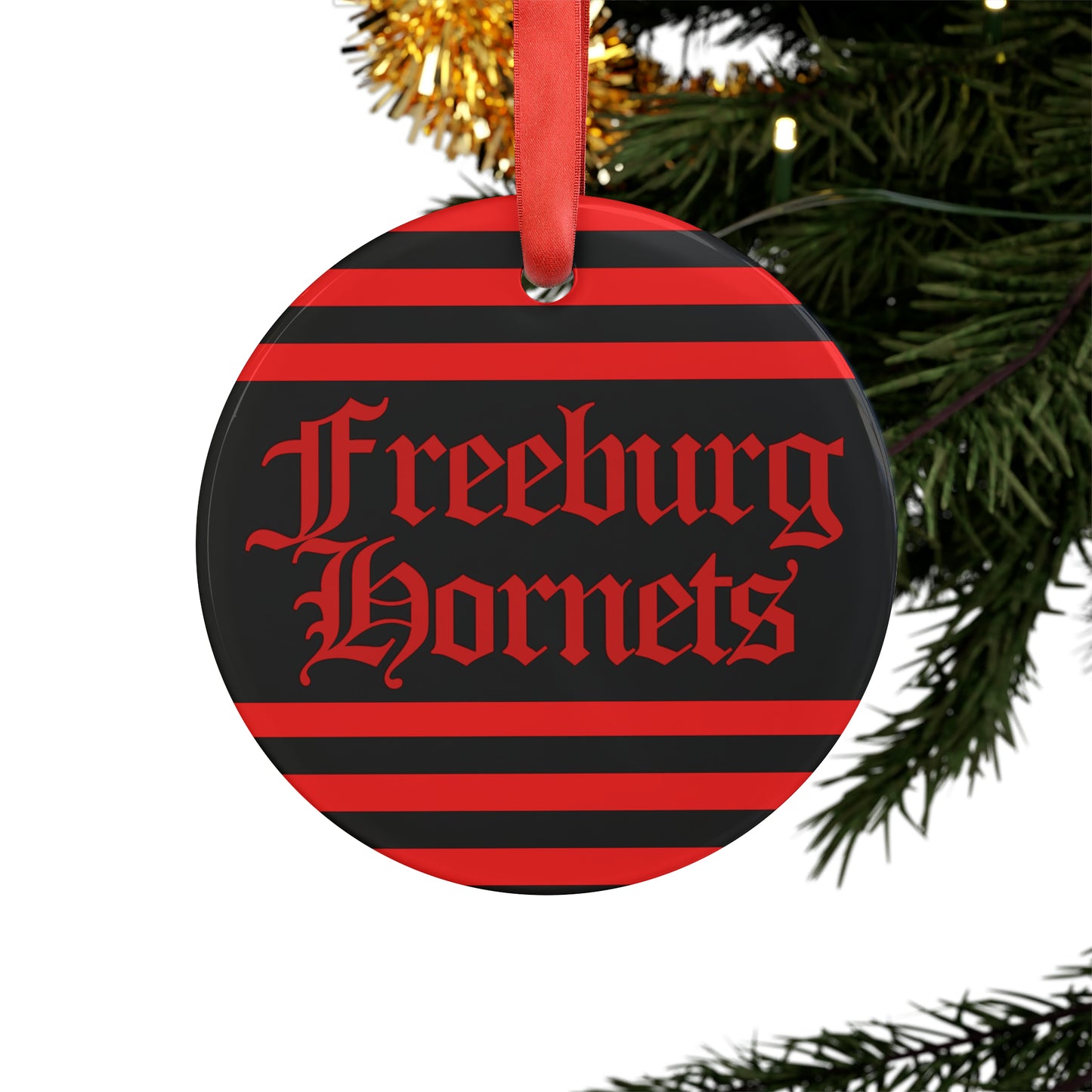 Freeburg Hornet Red and Black Striped Ornament with Ribbon - black