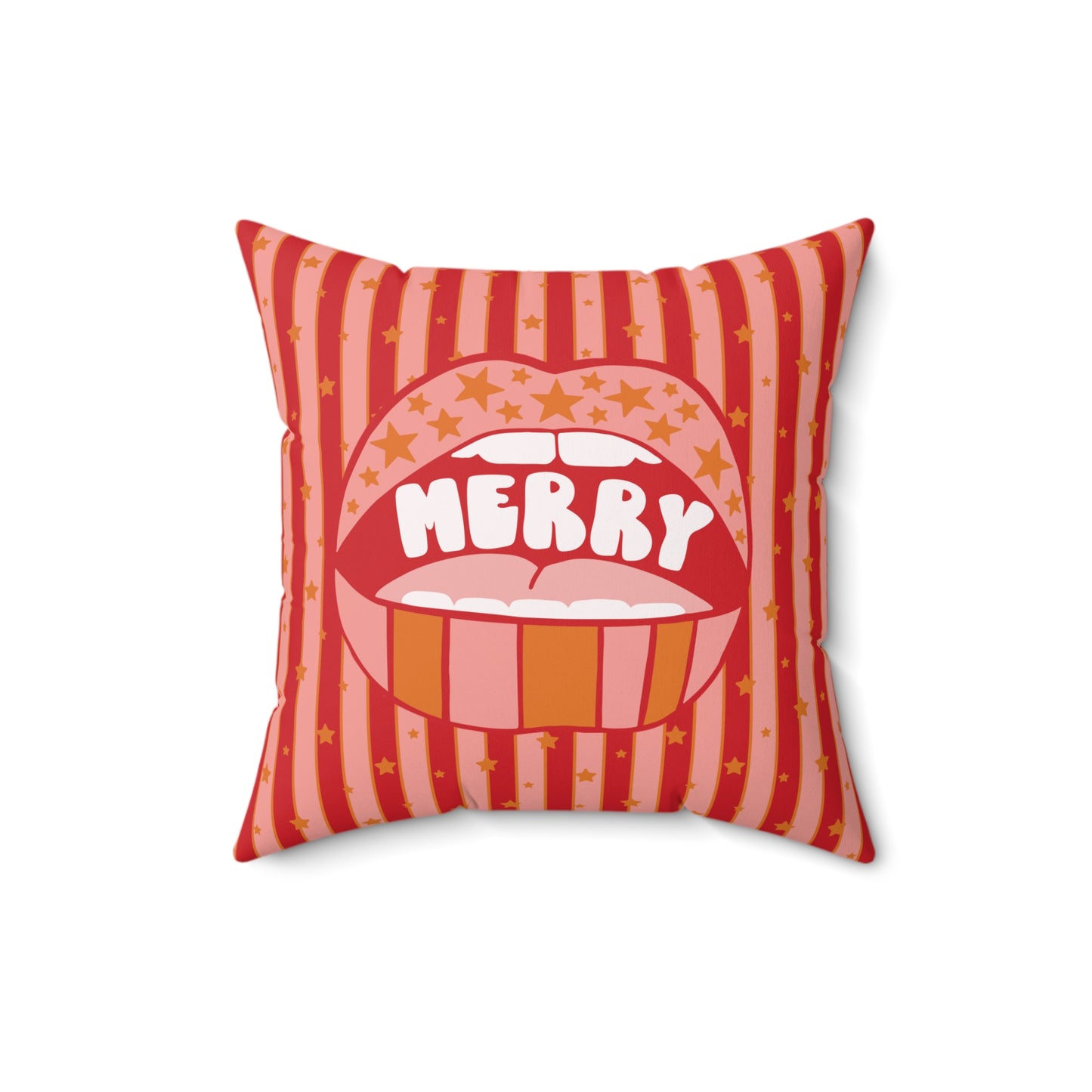 Stripes and Stars Merry Christmas Lips / Holiday Polyester Square Pillow