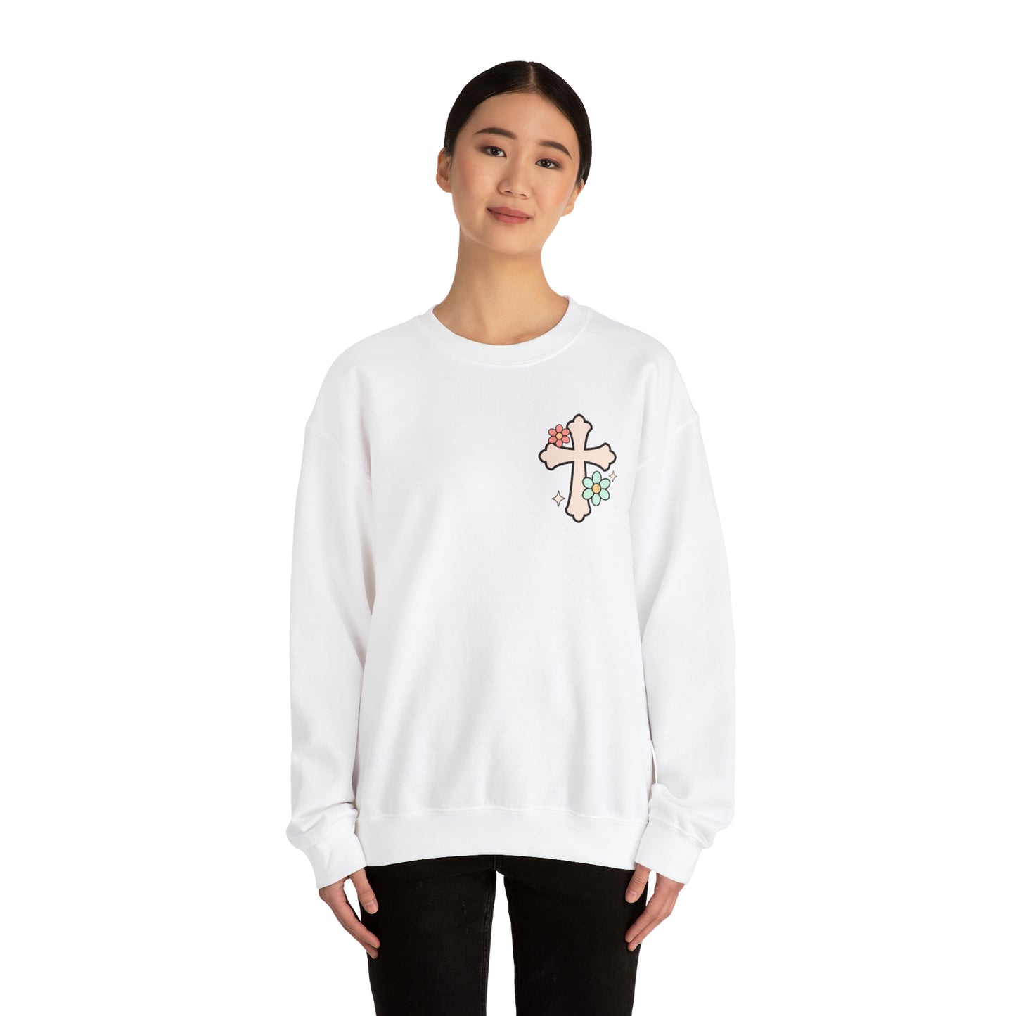 Vintage Grow in Grace with Cross Boho Color Print -  Front and Back Design Heavy Blend™ Crewneck Sweatshirt