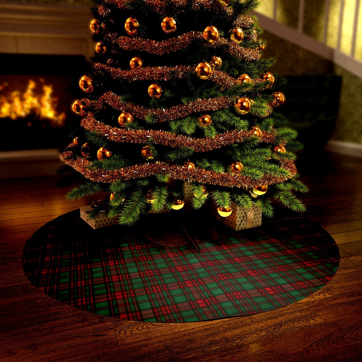 Christmas Red and Green Furry Plaid Round Tree Skirt