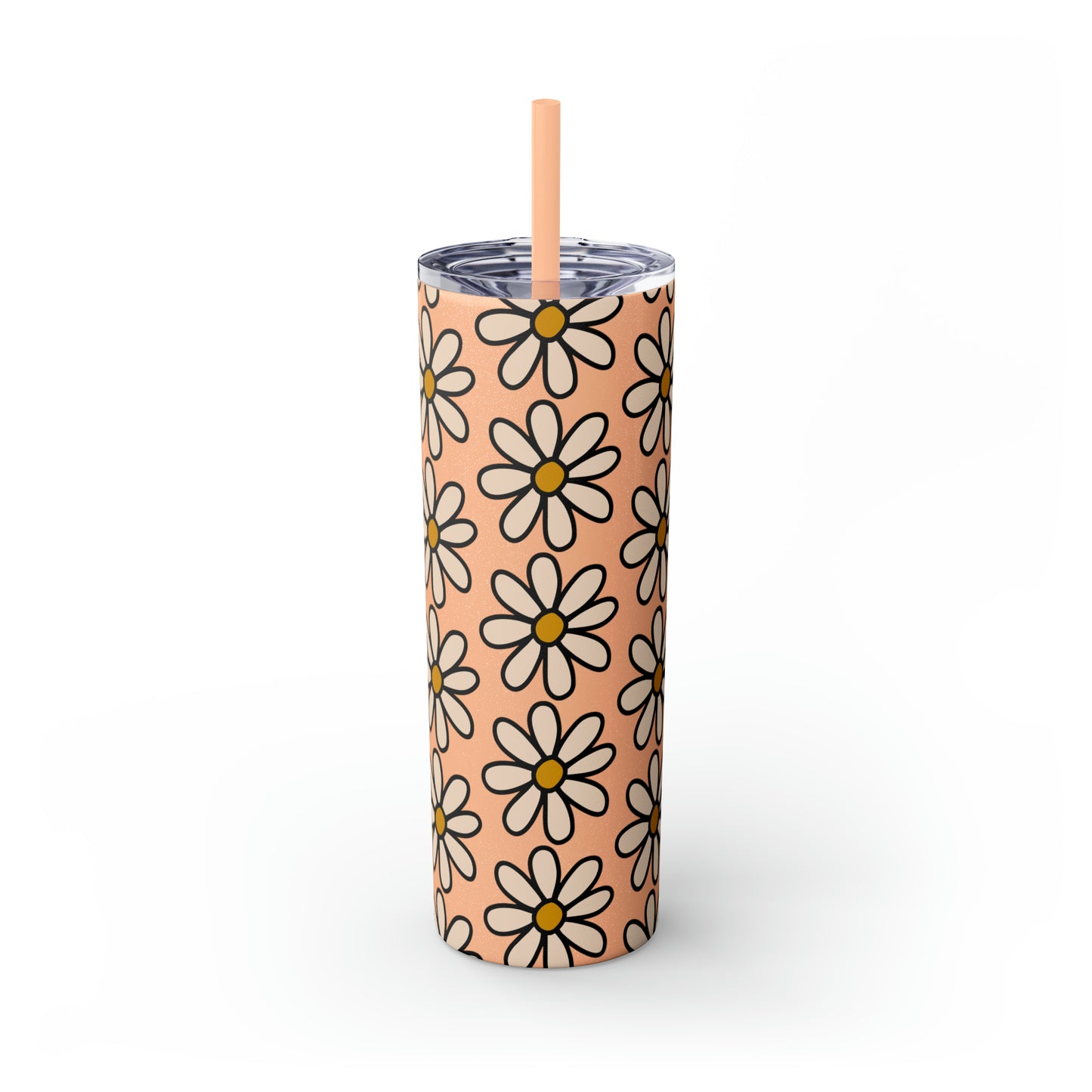 Peach Daisy Print Skinny Tumbler with Straw, 20oz