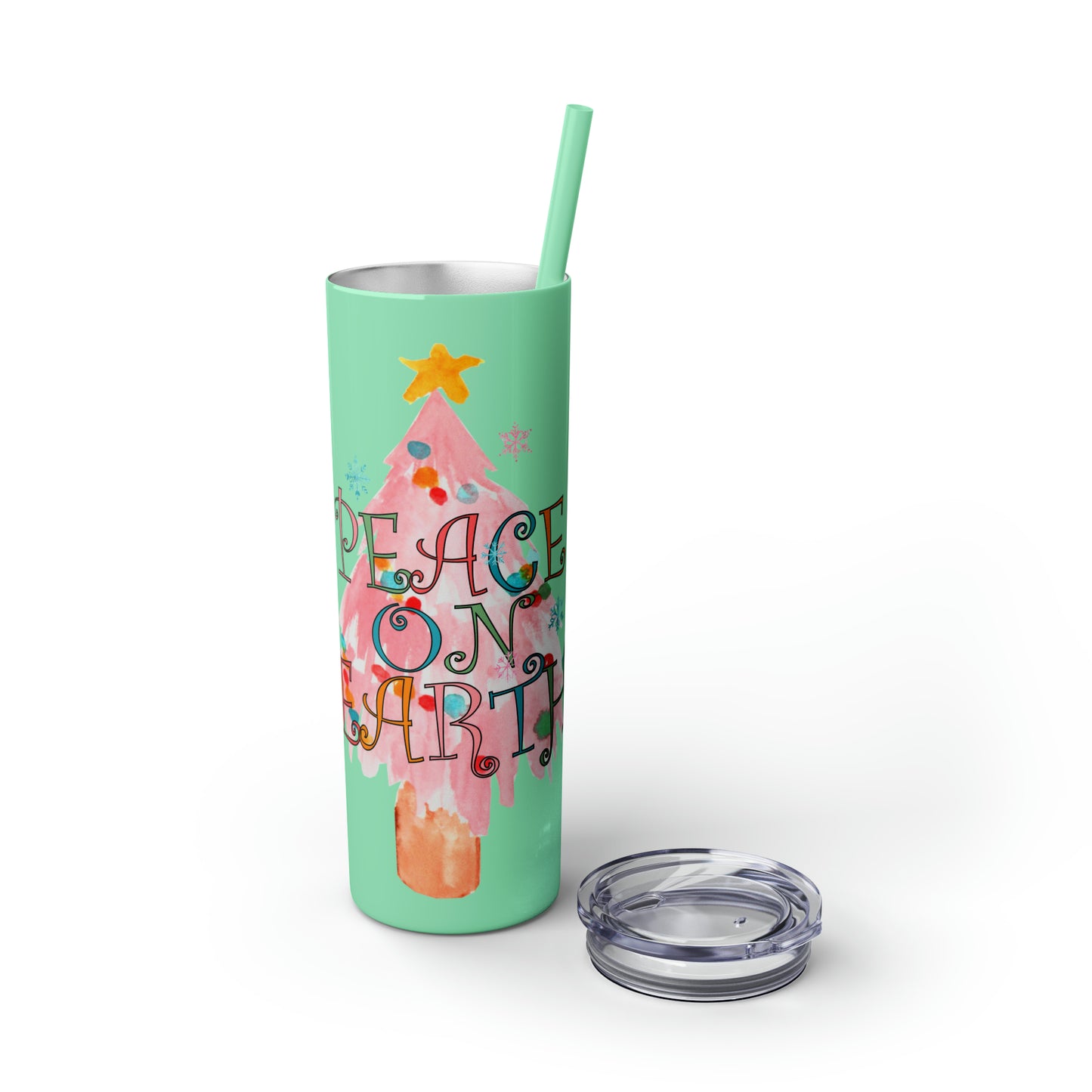 Peace on Earth Christmas/ Holiday Skinny Tumbler with Pick your Color Straw, 20oz