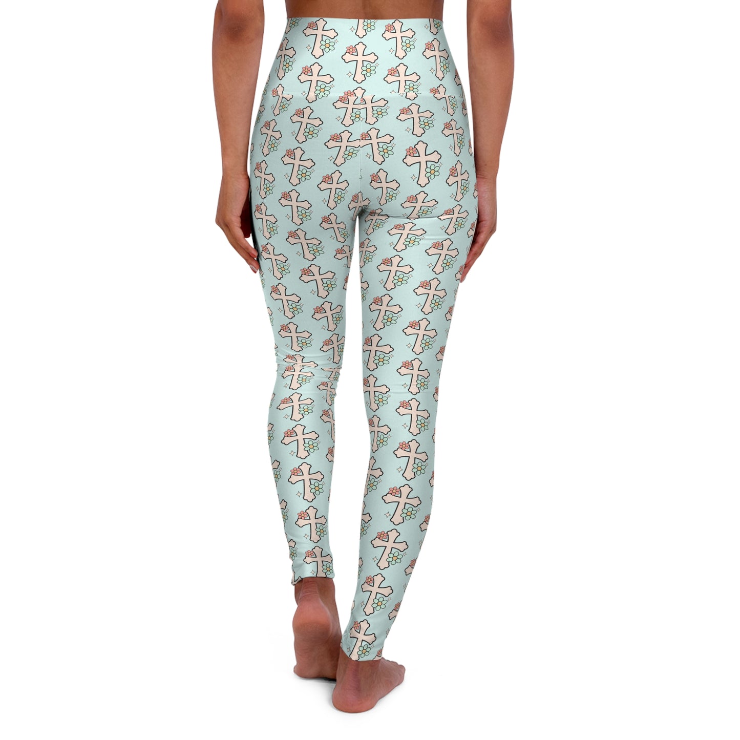 Boho Pink Cross Christian and Faith High Waisted Yoga Leggings - and Light Turquoise