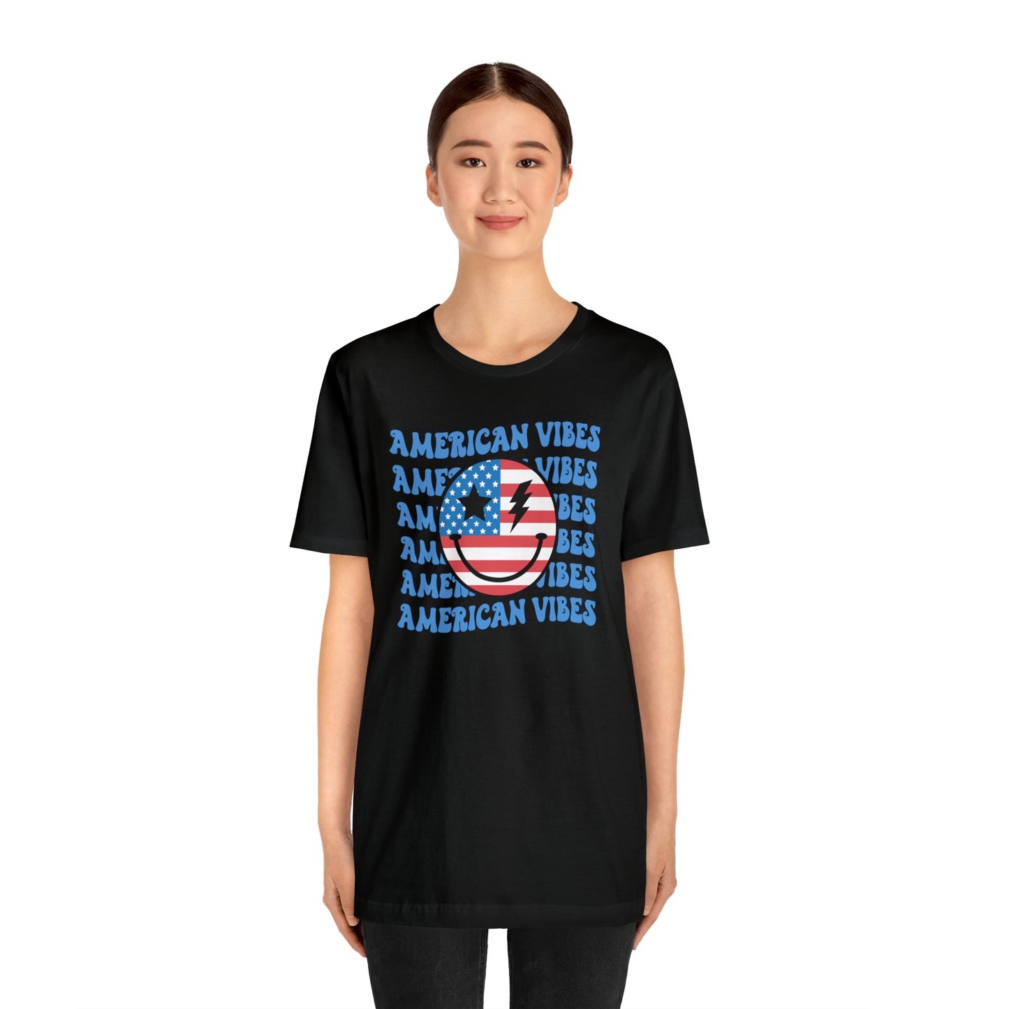 USA American Vibes American Flag Smiley Face Unisex Jersey Short Sleeve Tee