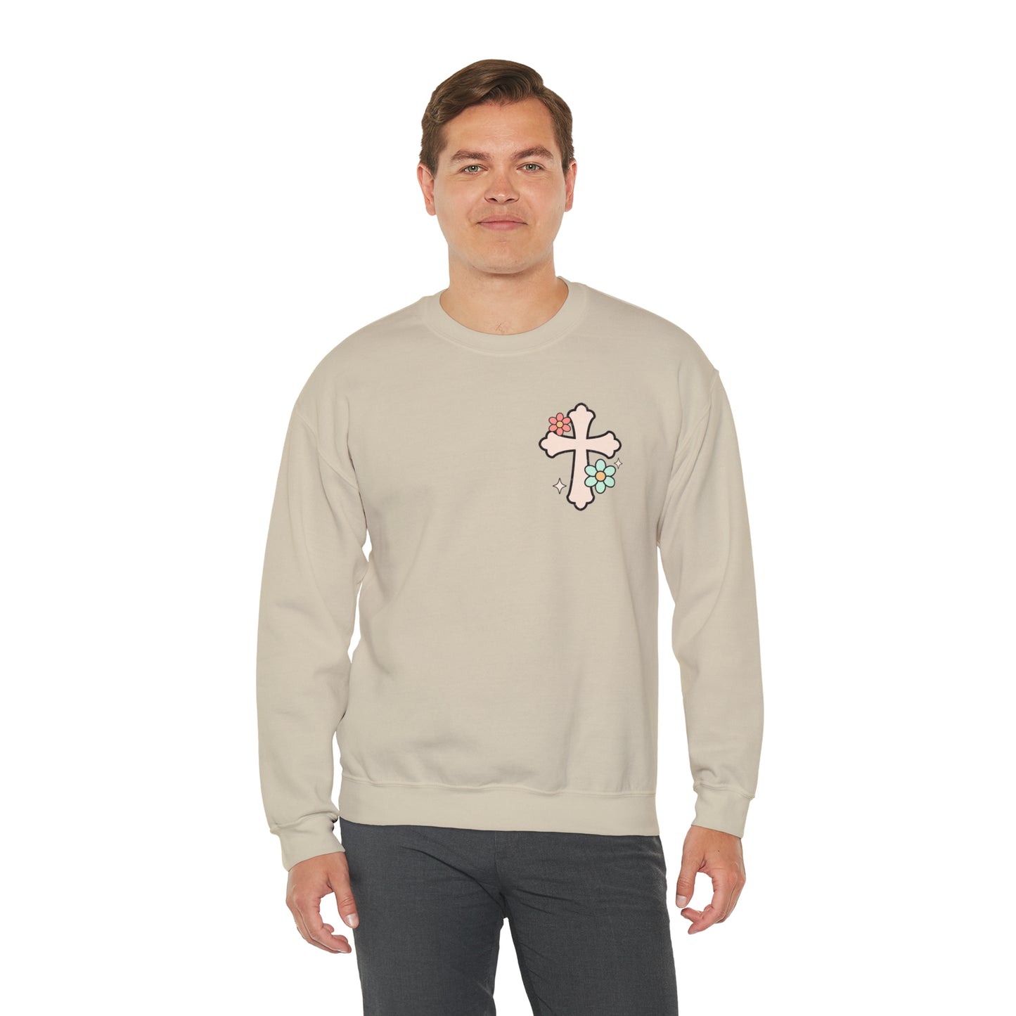 Vintage Grow in Grace with Cross Boho Color Print -  Front and Back Design Heavy Blend™ Crewneck Sweatshirt