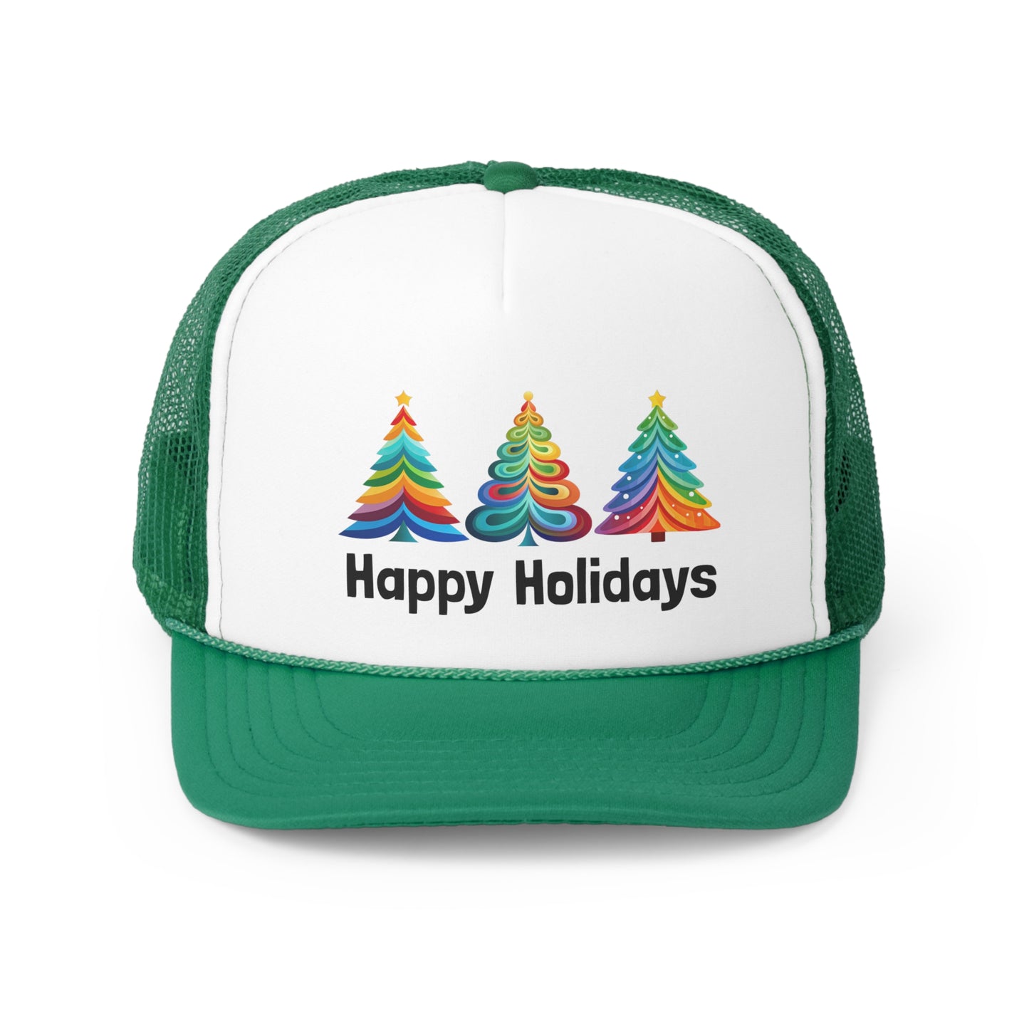 Happy Holidays Layered Rainbow Christmas Tree Tall Trucker Caps