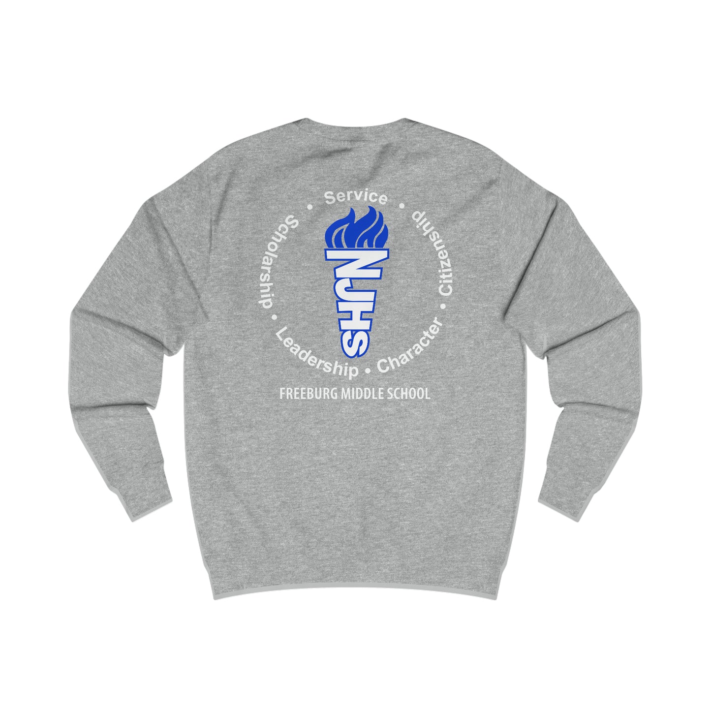 Front and Back Design - Freeburg Middle School White NJHS National Junior Honor Society Royal Torch (front) and Character Circle Logo (back) Unisex Heavy Blend™ Crewneck Sweatshirt