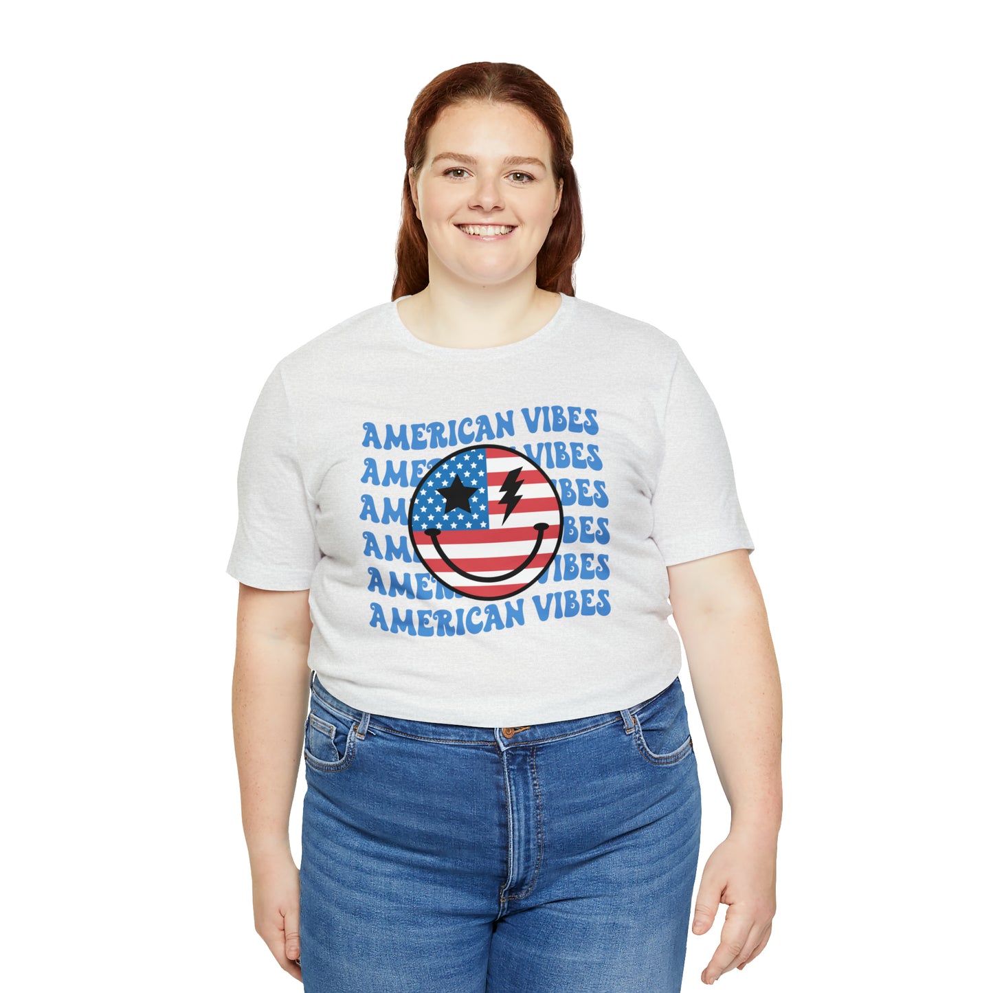 USA American Vibes American Flag Smiley Face Unisex Jersey Short Sleeve Tee