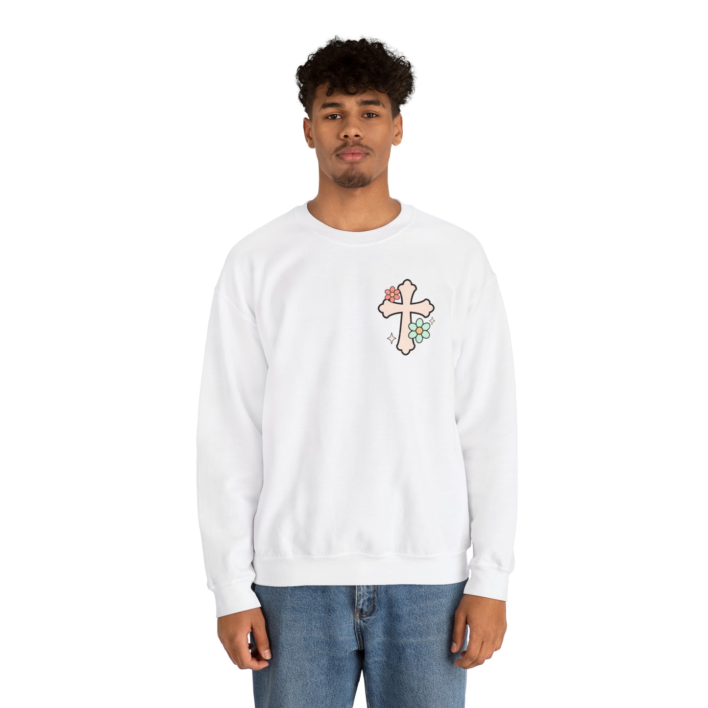 Vintage Grow in Grace with Cross Boho Color Print -  Front and Back Design Heavy Blend™ Crewneck Sweatshirt