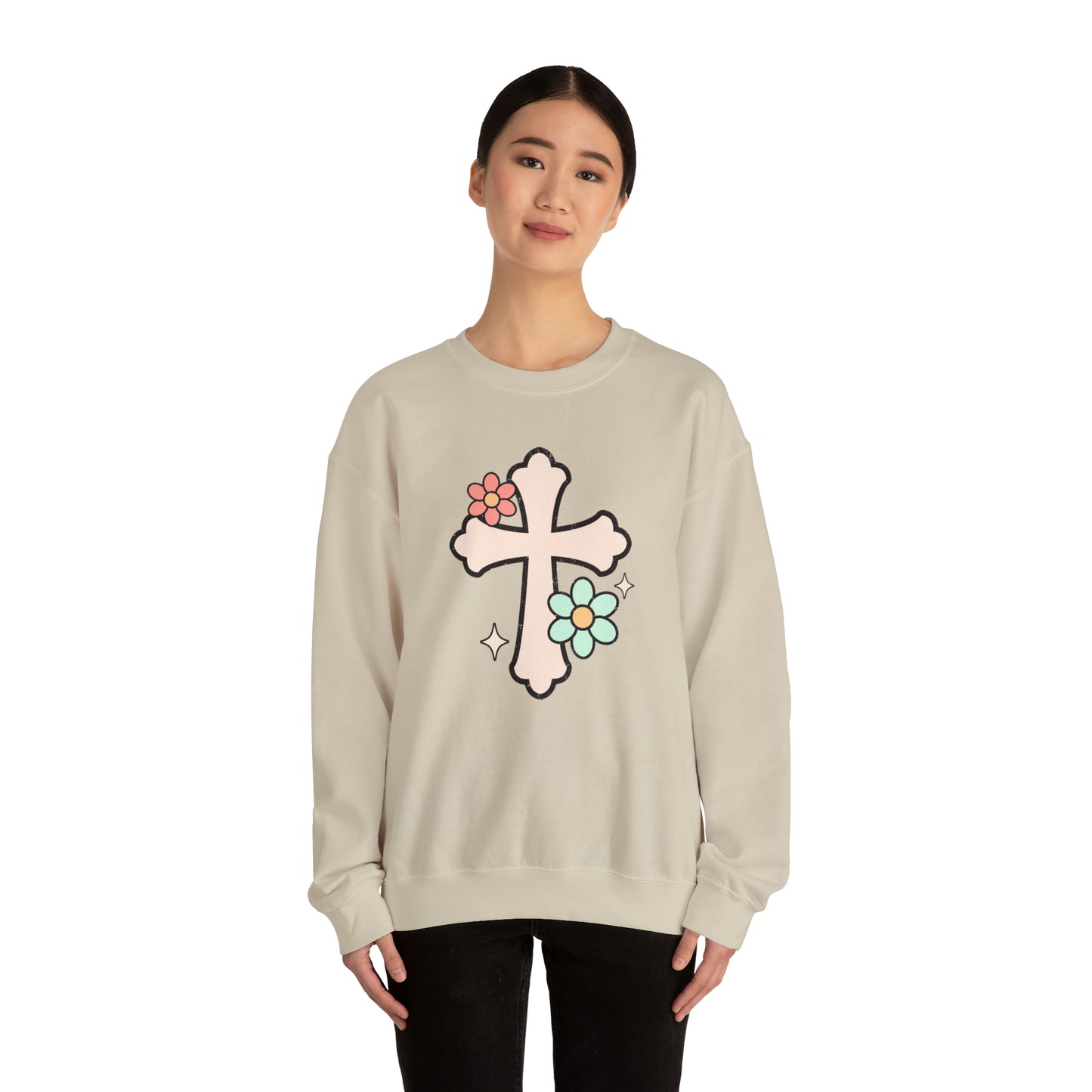 Vintage Floral Cross Design Heavy Blend™ Crewneck Sweatshirt