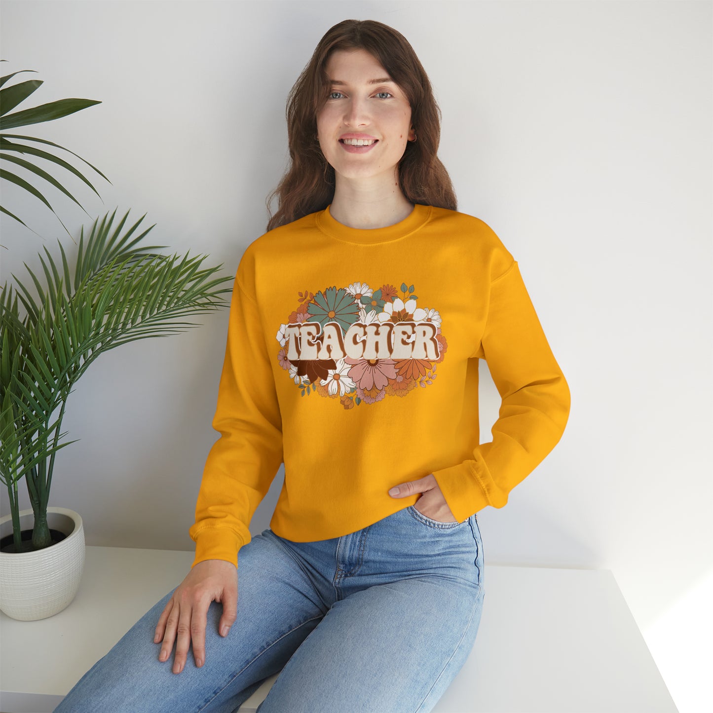 Vintage Retro Floral Teacher Warm Colors Unisex Heavy Blend™ Crewneck Sweatshirt