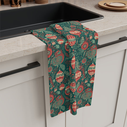 Green Christmas Ornament Print/ Holiday Soft Tea Towel