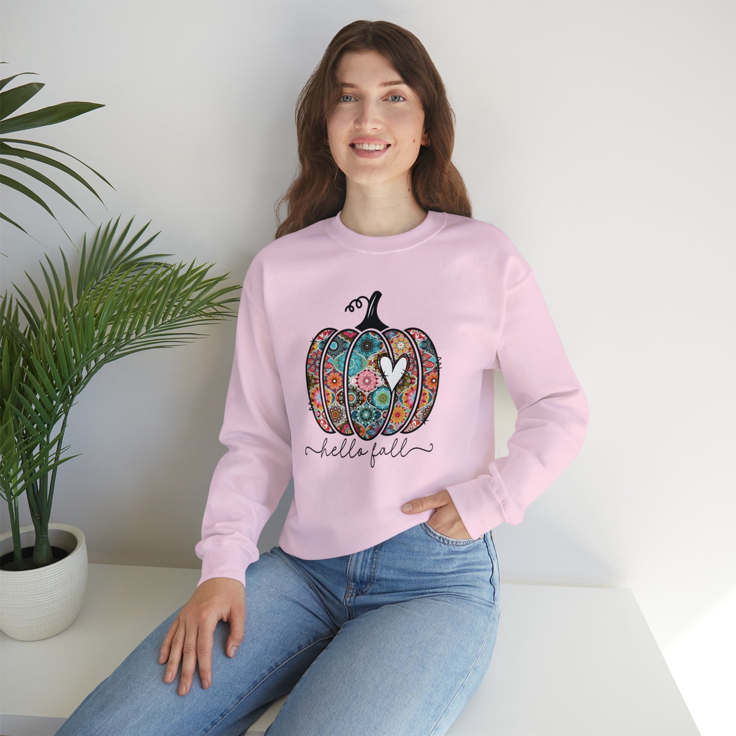 Hello Fall Print Pumpkin Fall Halloween Retro Warm Colored  Unisex Heavy Blend™ Crewneck Sweatshirt