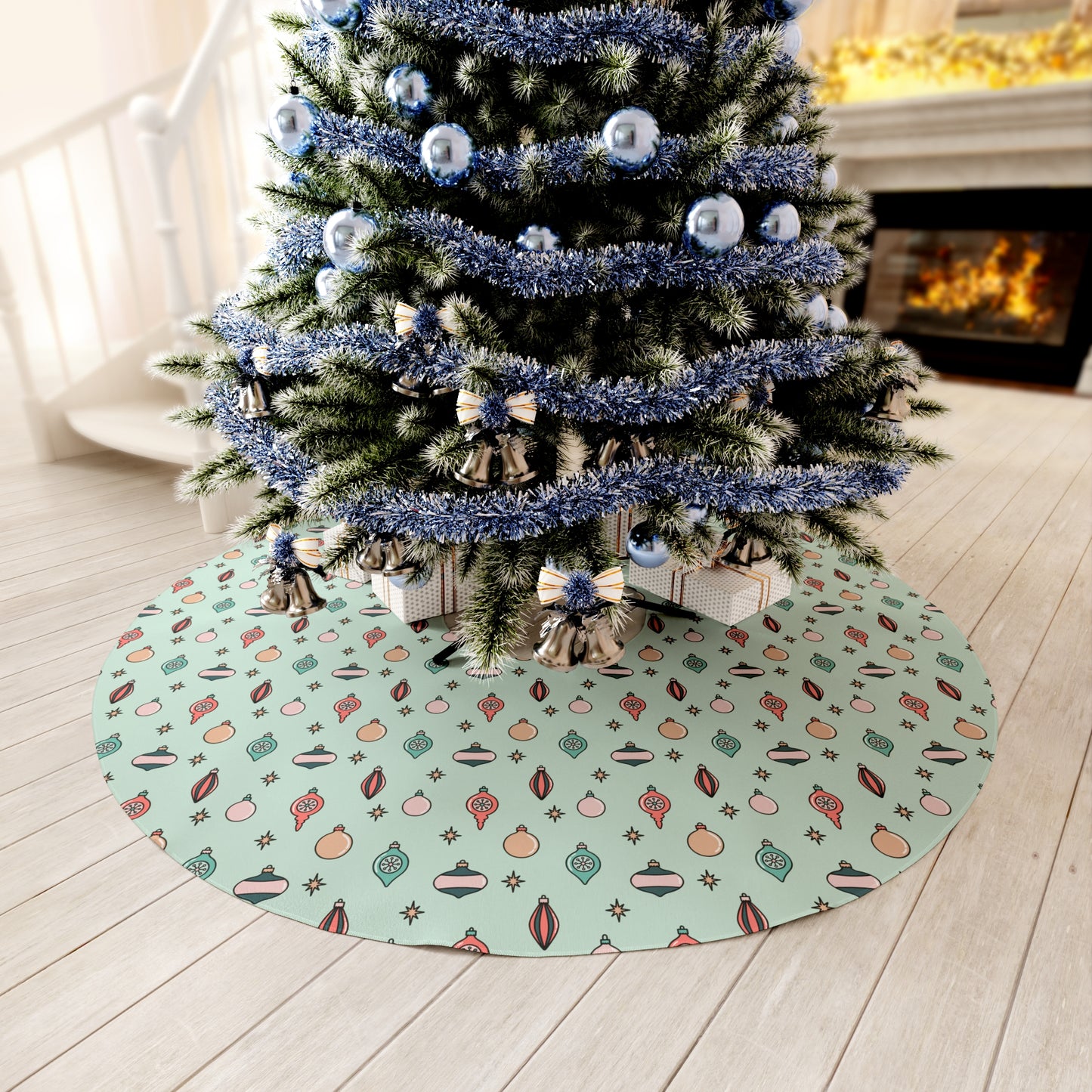 Retro Blue Christmas Ornaments Round Tree Skirt