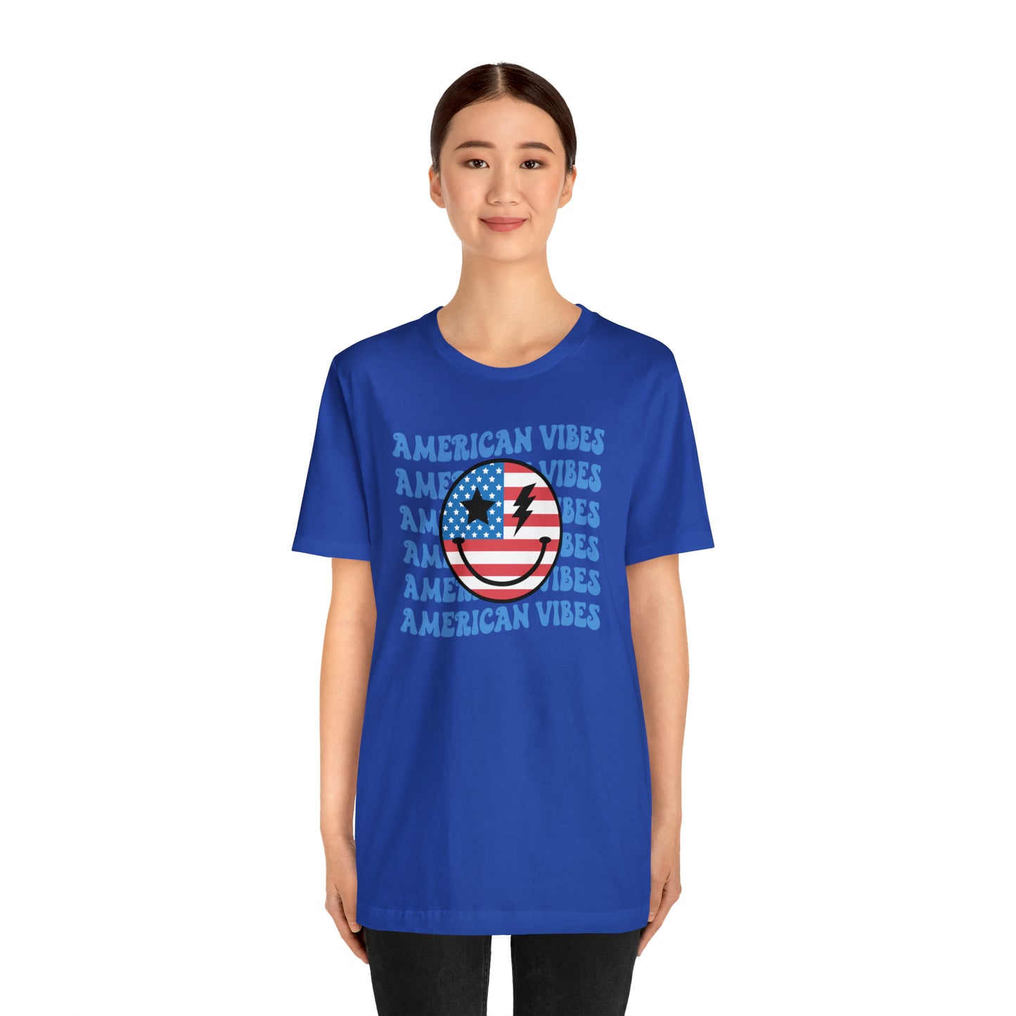 USA American Vibes American Flag Smiley Face Unisex Jersey Short Sleeve Tee