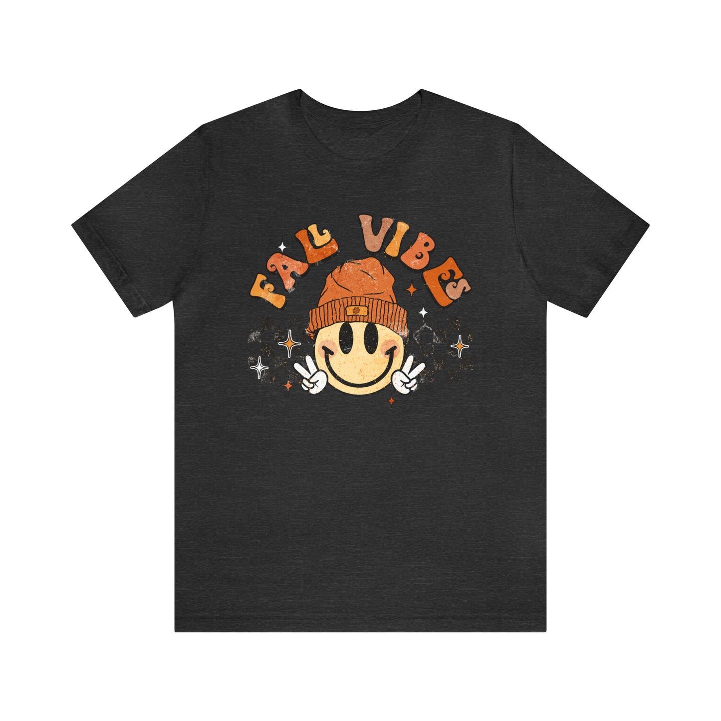 Distressed Halloween Fall Vibes Smiley Face with Beanie and Peace Sign T-Shirt