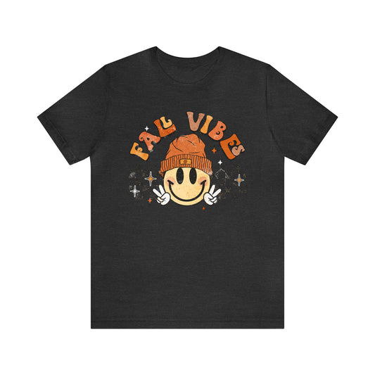 Distressed Halloween Fall Vibes Smiley Face with Beanie and Peace Sign T-Shirt