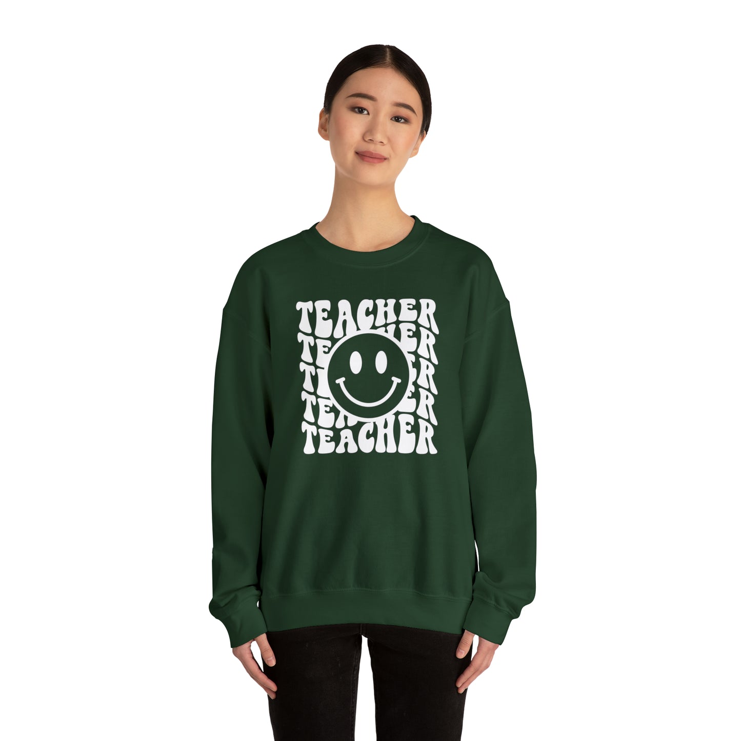 Teacher with Smiley Face White Logo Unisex Heavy Blend™ Crewneck Sweatshirt