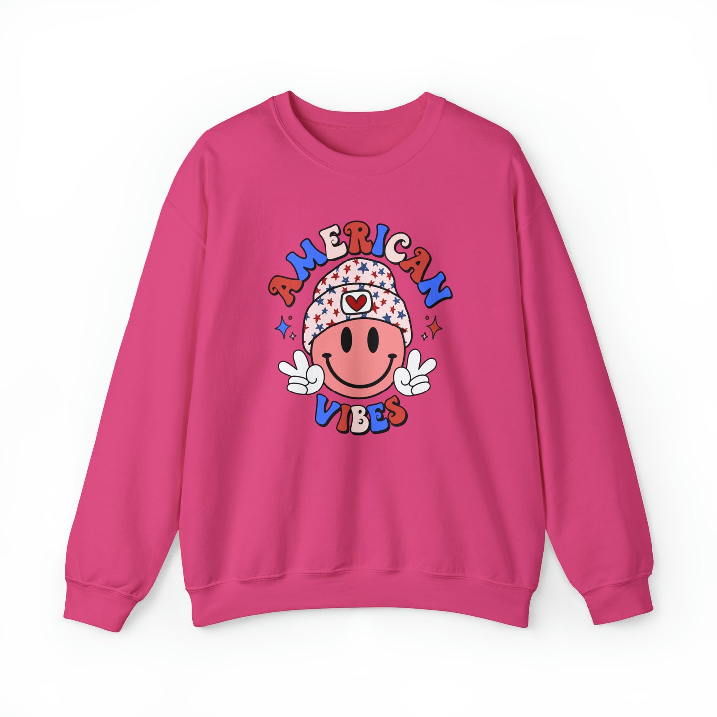 USA American Vibes Smiley Face with Heart Beanie and Peace Signs Heavy Blend™ Crewneck Sweatshirt