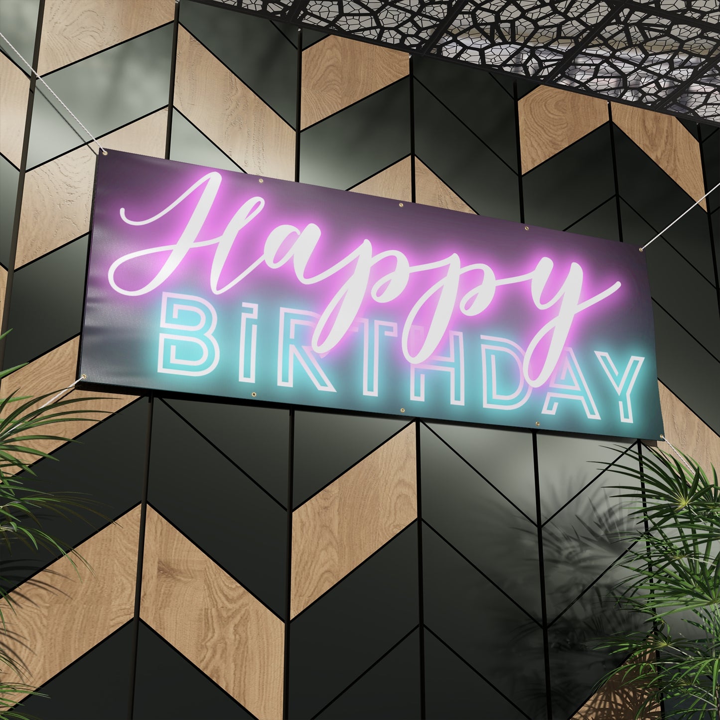 Happy Birthday Neon Font Black Matte Banner