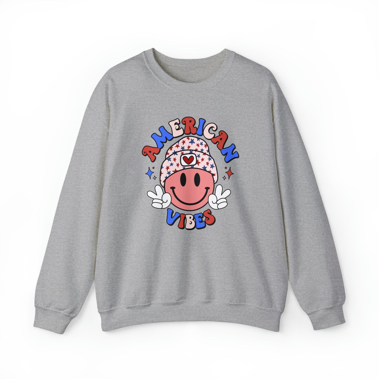 USA American Vibes Smiley Face with Heart Beanie and Peace Signs Heavy Blend™ Crewneck Sweatshirt