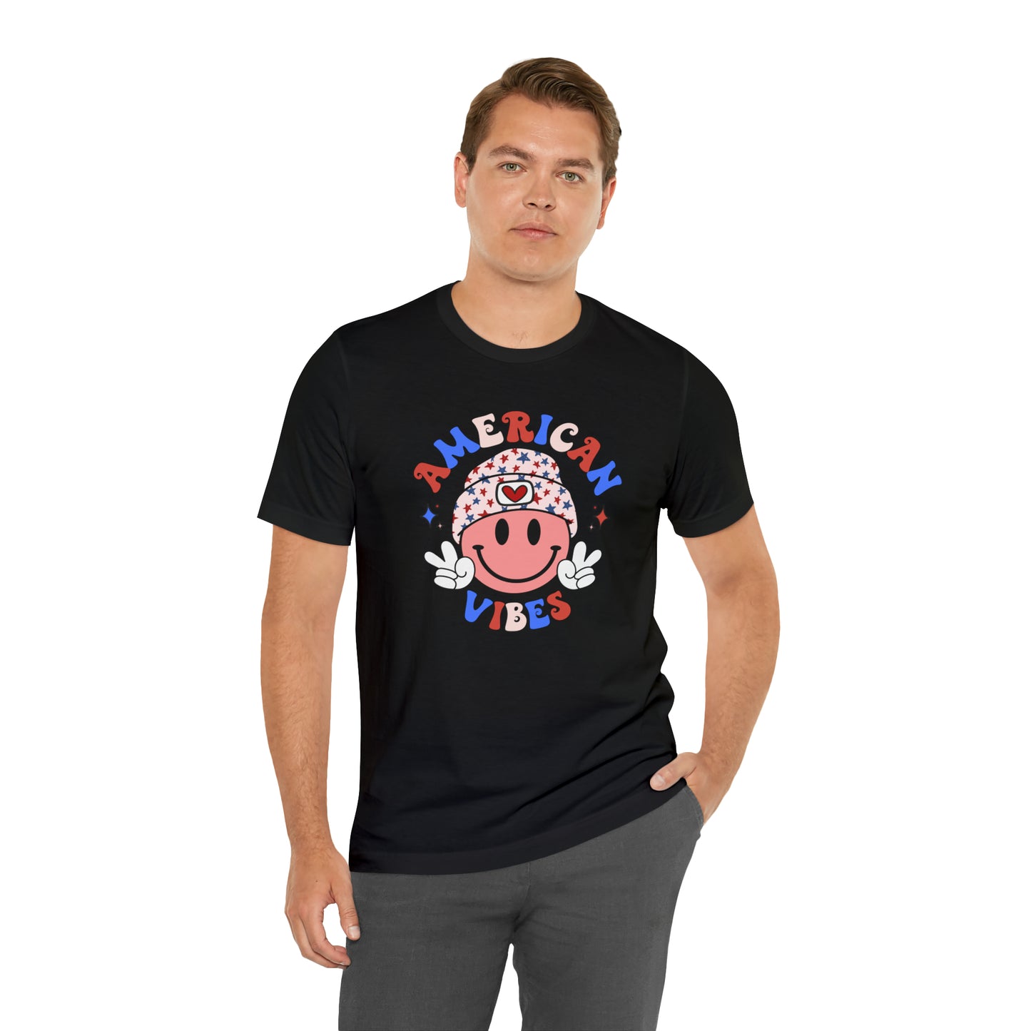 American Vibes USA Smiley Face with Stars Beanie with two hand peace signs Unisex Jersey Short Sleeve Tee