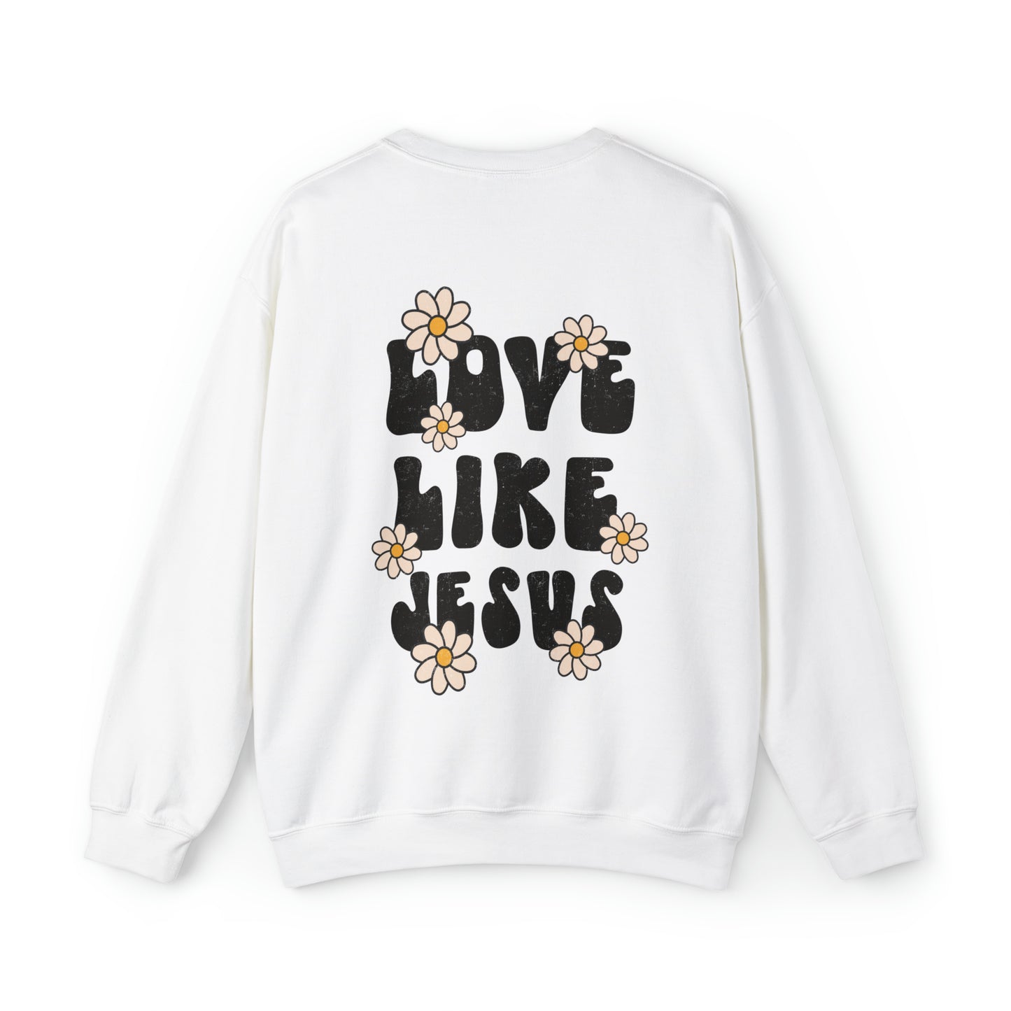 Distressed Daisy Love Like Jesus -  Front and Back Design Heavy Blend™ Crewneck Sweatshirt