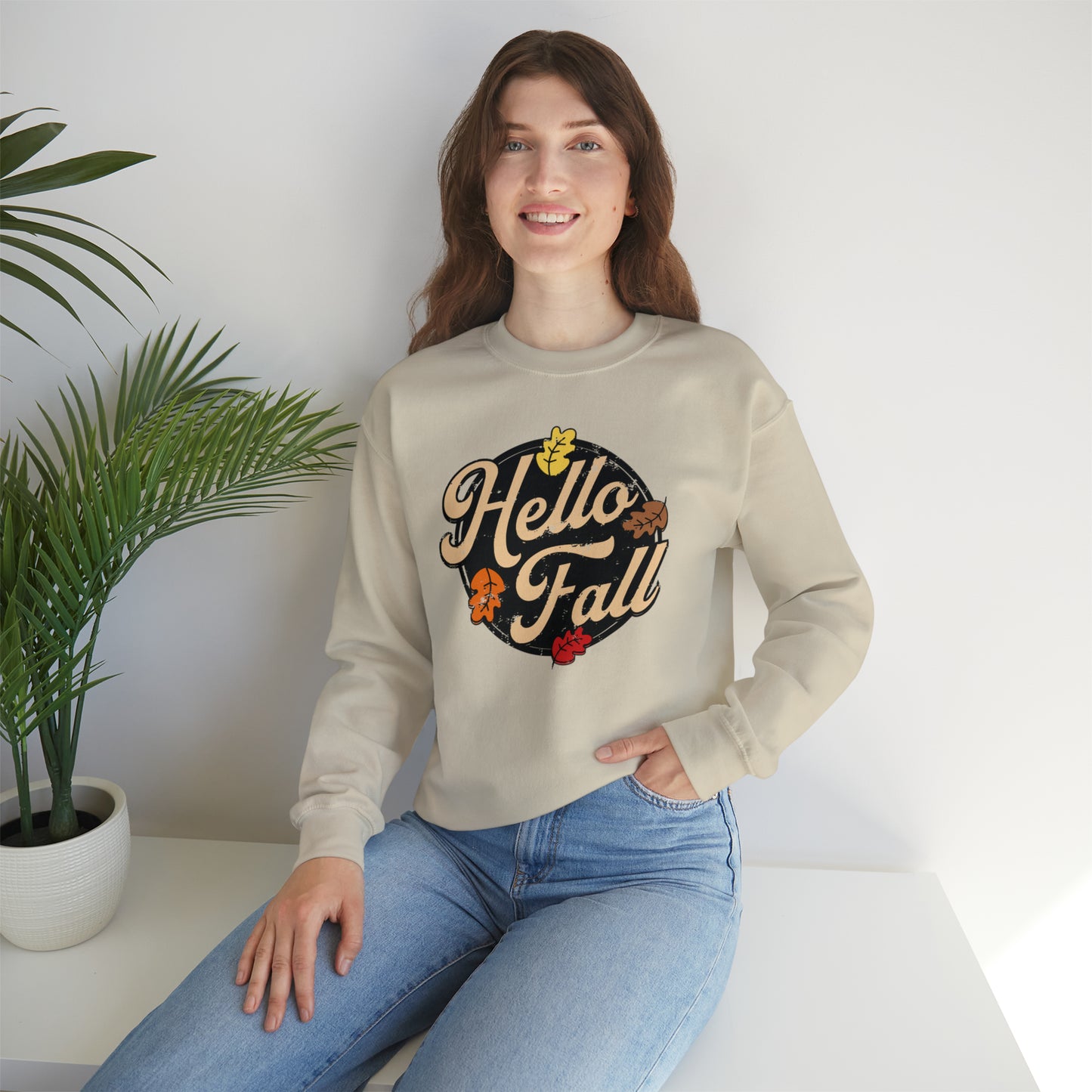 Hello Fall Halloween Retro Warm Colored  Unisex Heavy Blend™ Crewneck Sweatshirt