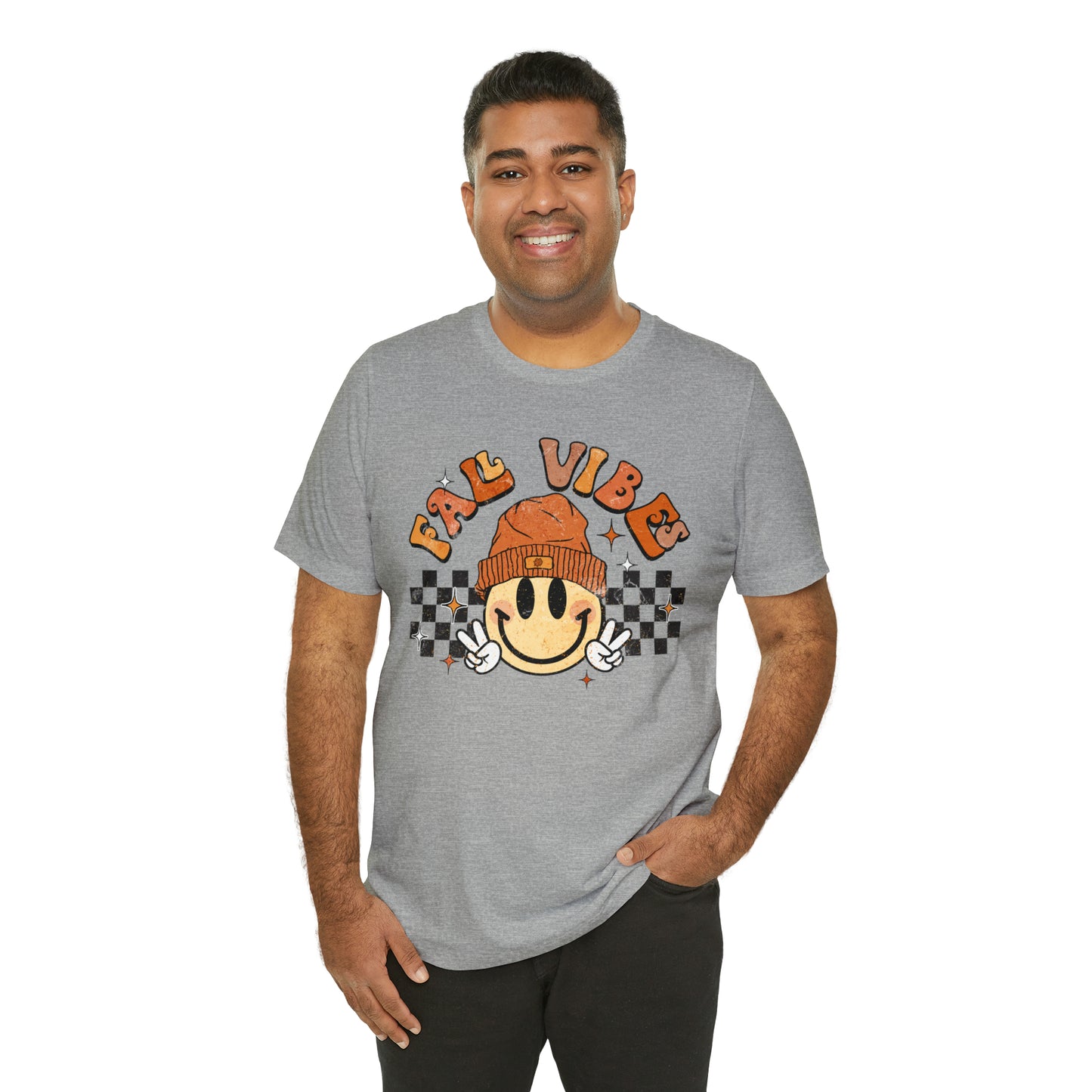 Distressed Halloween Fall Vibes Smiley Face with Beanie and Peace Sign T-Shirt