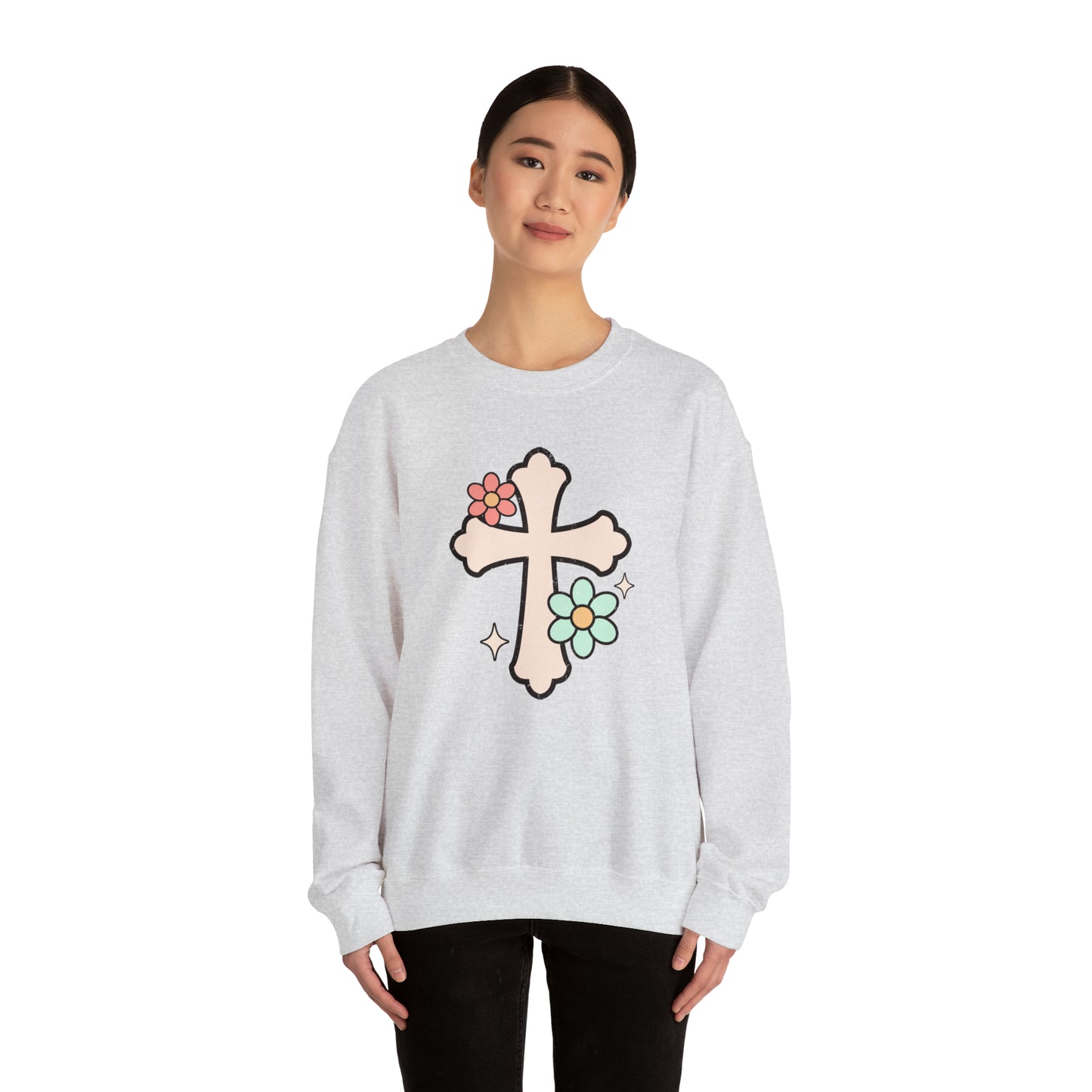 Vintage Floral Cross Design Heavy Blend™ Crewneck Sweatshirt