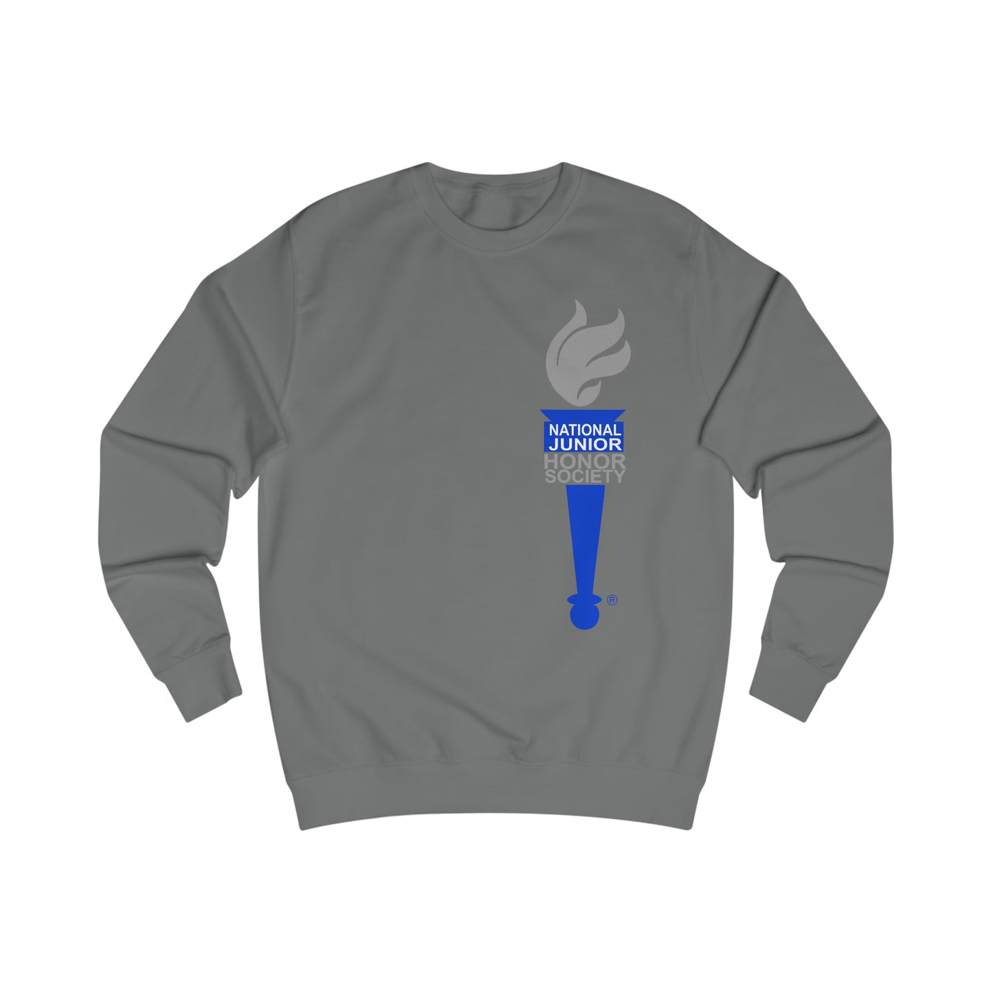 Front and Back Design - Freeburg Middle School White NJHS National Junior Honor Society Royal Torch (front) and Character Circle Logo (back) Unisex Heavy Blend™ Crewneck Sweatshirt