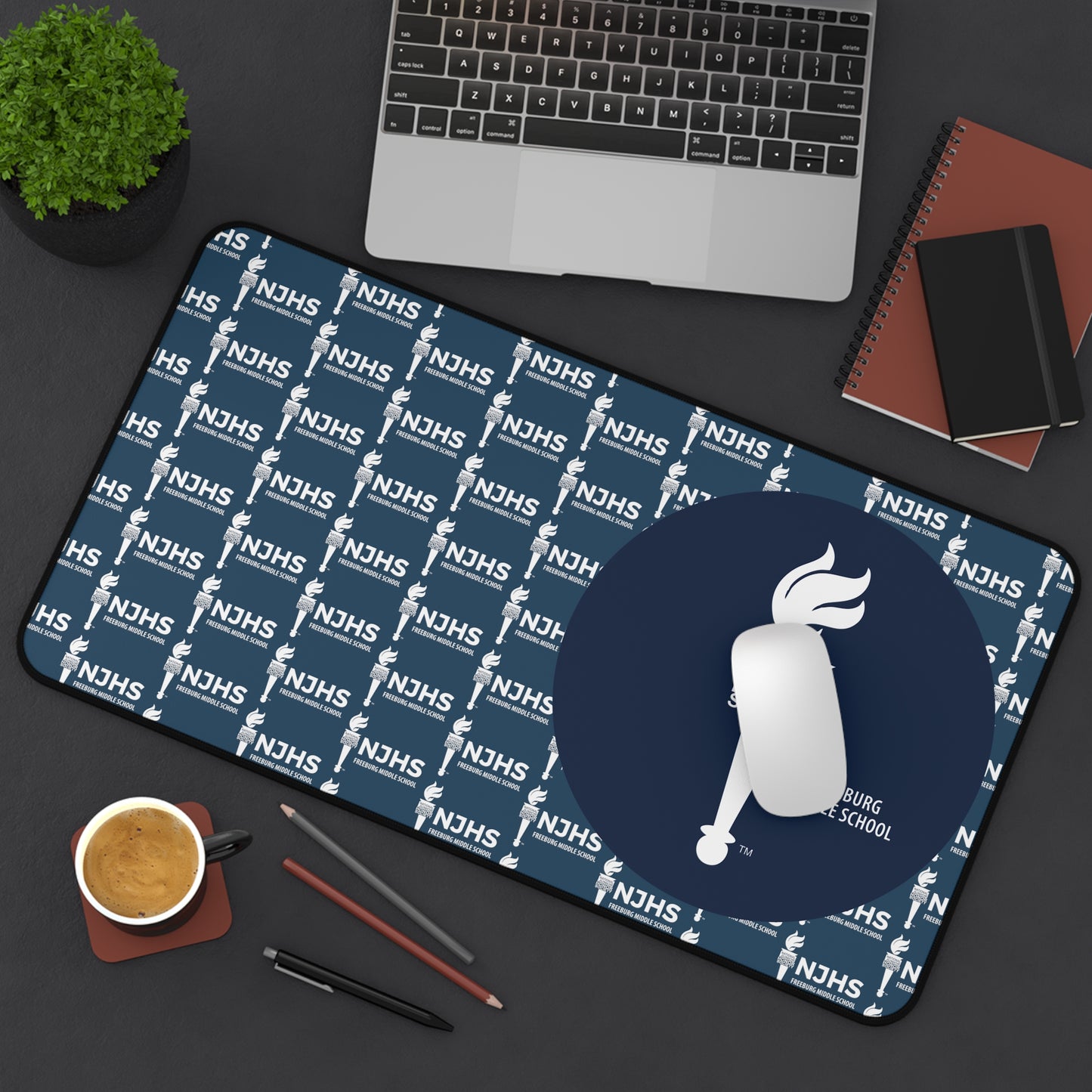 NJHS Slate Blue Pattern and Navy Mouse Circle Pattern Desk Mat