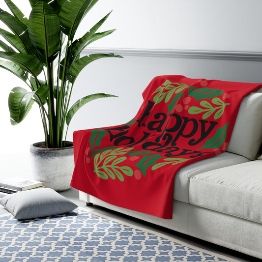 Happy Holidays Evergreen Wreath Sherpa Fleece Blanket