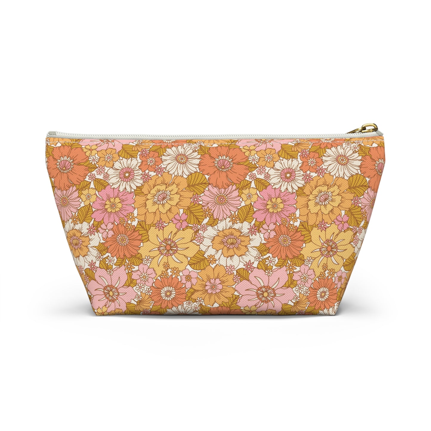 Peachy Golden Retro Floral Print Design Accessory Pouch w T-bottom