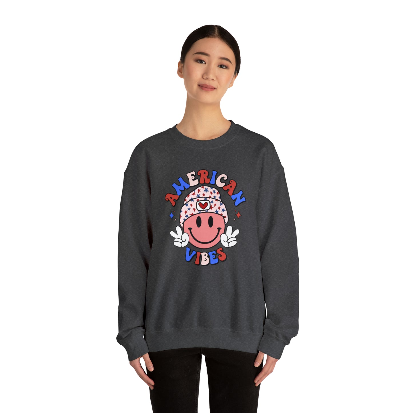 USA American Vibes Smiley Face with Heart Beanie and Peace Signs Heavy Blend™ Crewneck Sweatshirt