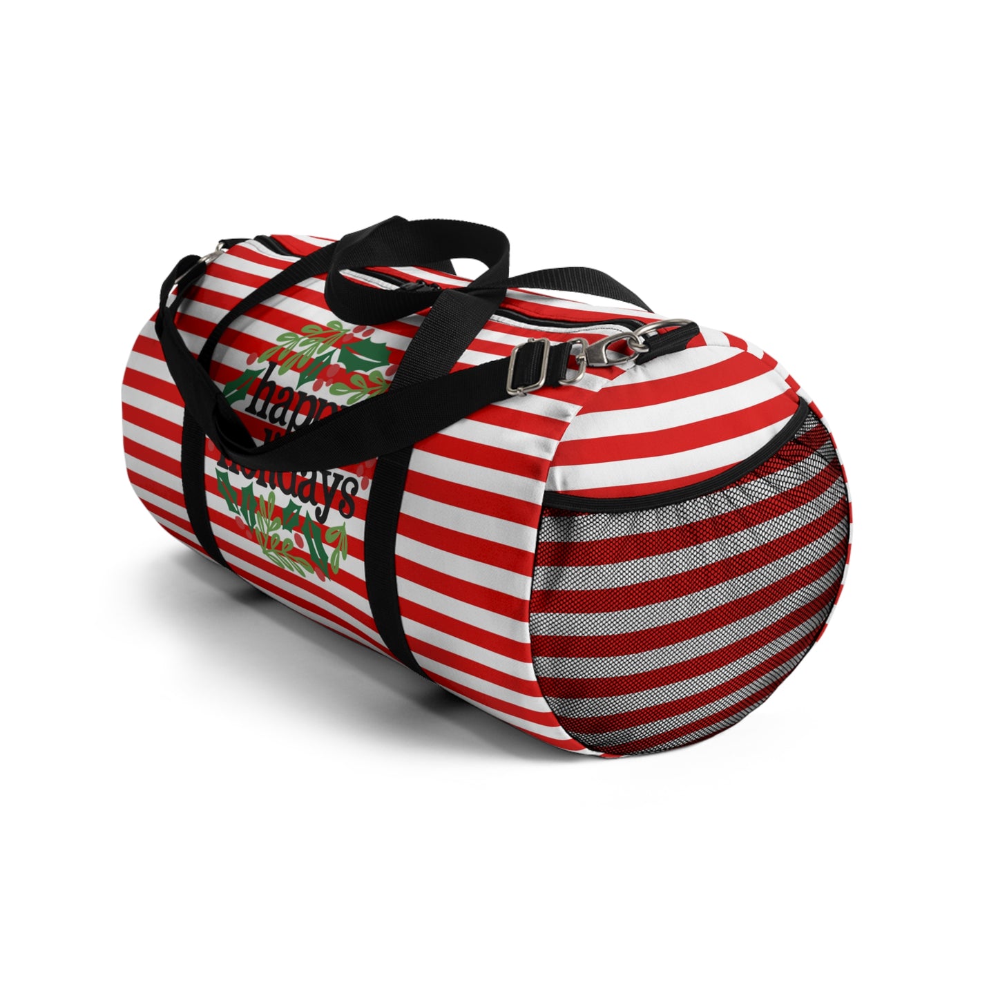 Happy Holidays Wreath Red and White Striped Christmas Duffel Bag