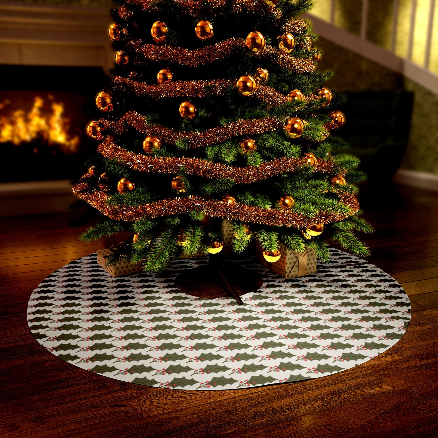 Holly and Berry Leaf Round Tree Skirt