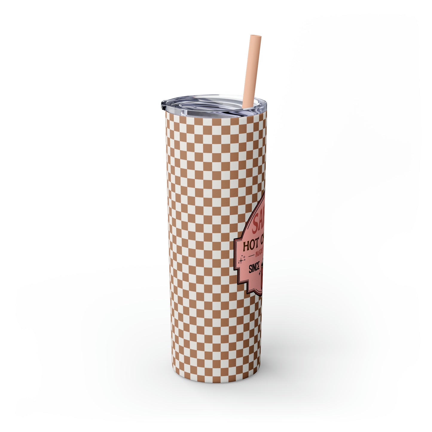 Santa's Hot Chocolate Brown Checkerboard Christmas/ Holiday Skinny Tumbler with Pick your Color Straw, 20oz