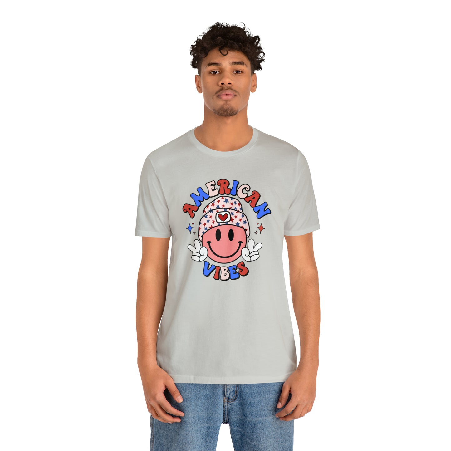 American Vibes USA Smiley Face with Stars Beanie with two hand peace signs Unisex Jersey Short Sleeve Tee